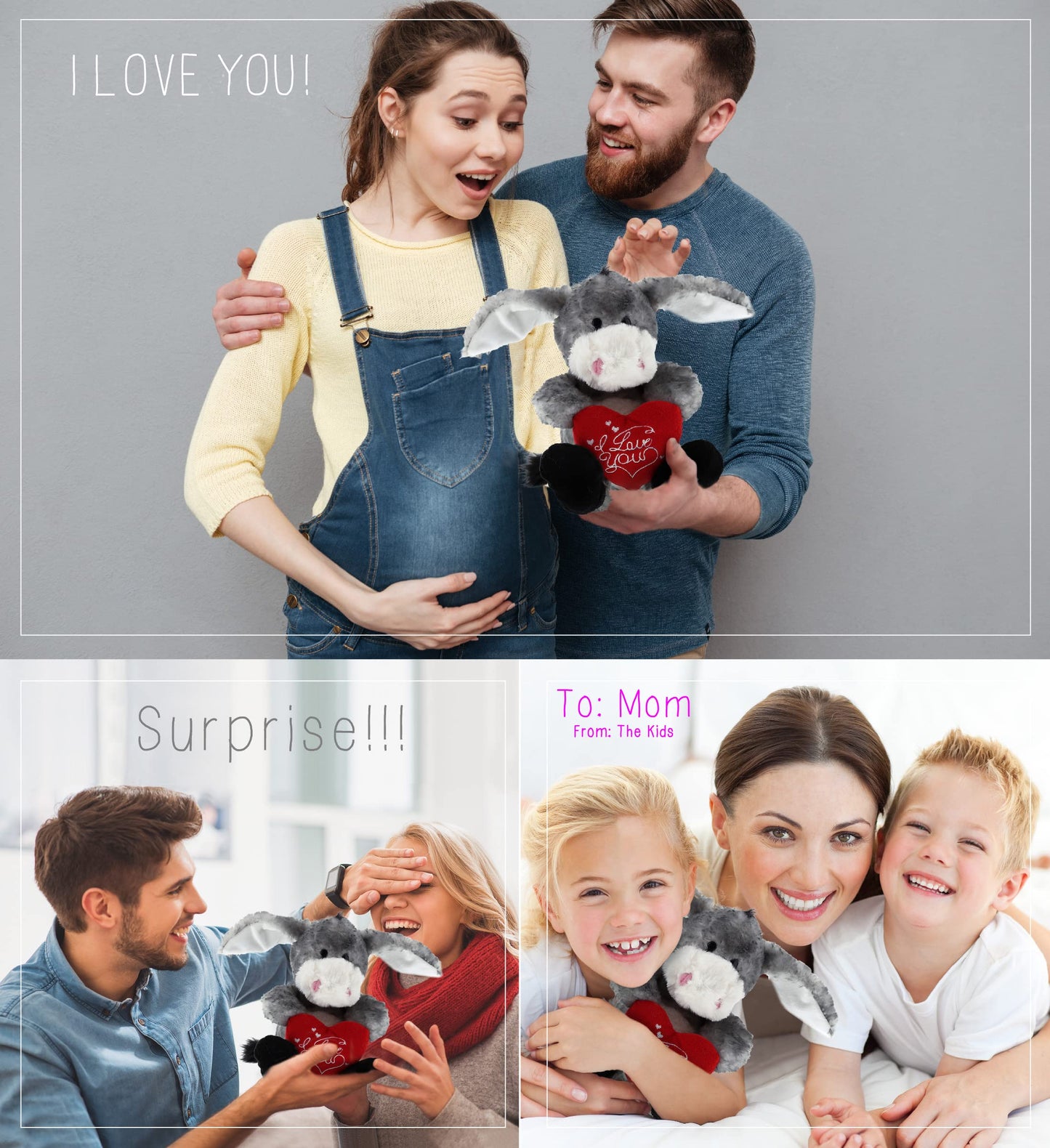 Dollibu I Love You Valentine Plush Itting Grey Donkey - Cute Stuffed Animal With Red Heart And Name Personalization Gift For Valentines Day, Birthday, Anniversary, Romantic Date - 9 Inches