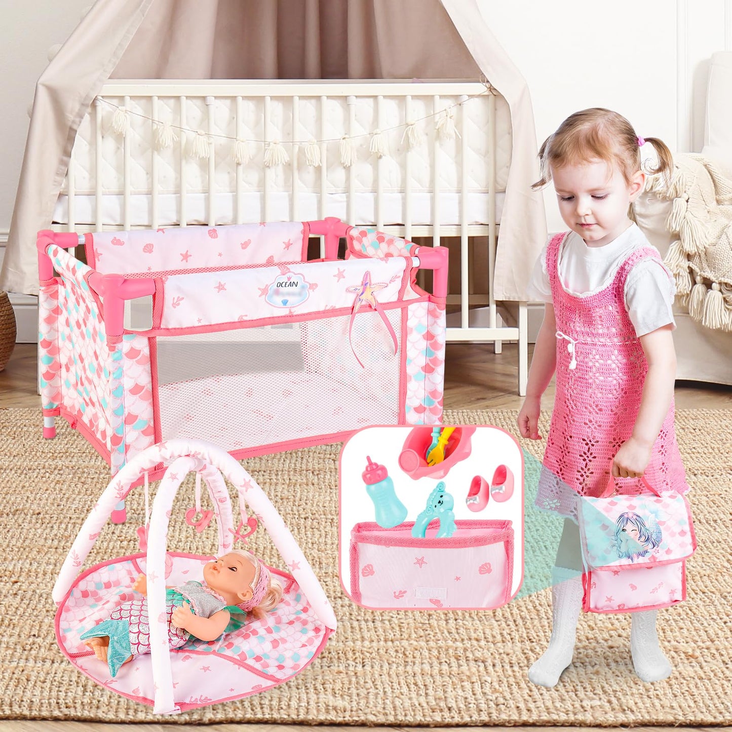 Deao 12 Inch Baby Doll Stroller Play Set,14 Pcs Baby Doll Accessories With Foldable Doll Stroller,Crib,Play Mat,Doll Clothes And Travel Bag,Pretend Play Baby Care Toy Gift For 3 4 5 Girls