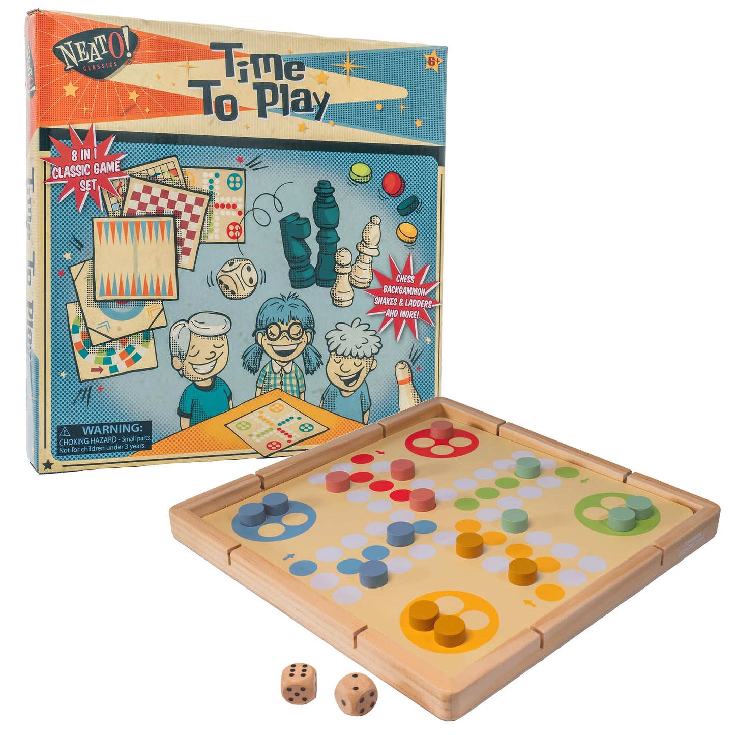 Neato Time To Play 8-In-1 Wooden Board Game Set - Chess, Checkers, Backgammon, Bowling, Sling Puck, Snakes And Ladders, Racing -