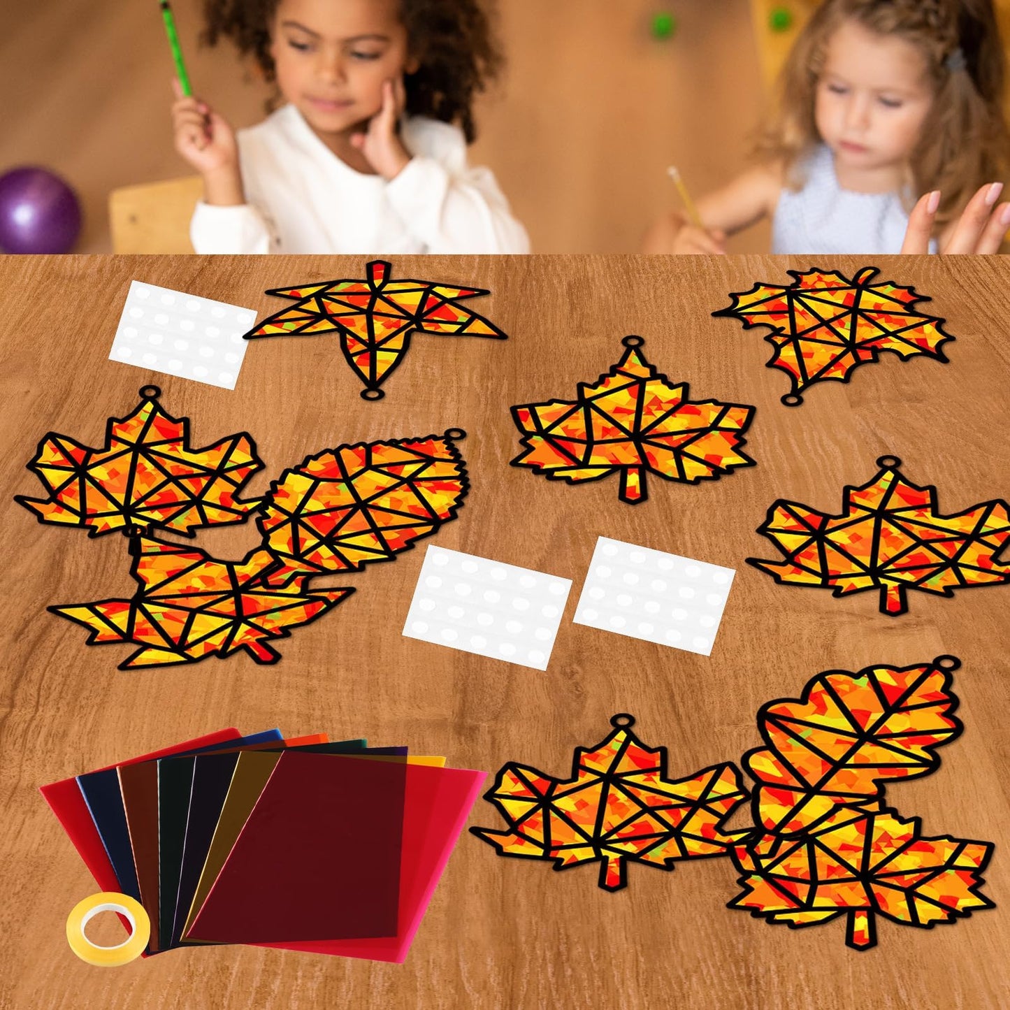 32 Sets Thanksgiving Fall Maple Leaf Suncatchers Craft Kit DIY Window Stained Glass Effect Autumn Maple Leaf Paper Crafts Home S