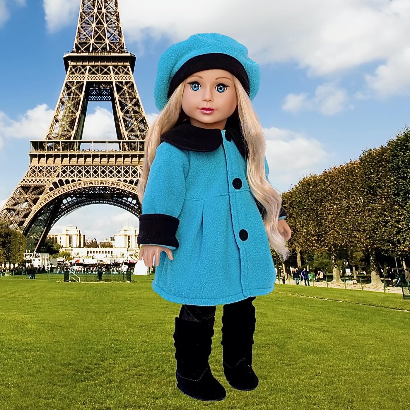 Parisian Stroll - 4 Piece Outfit - Blue Fleece Coat With Matching Beret, Black Leggings And Boots - Clothes Fits 18 Inch Doll (Doll Not Included)