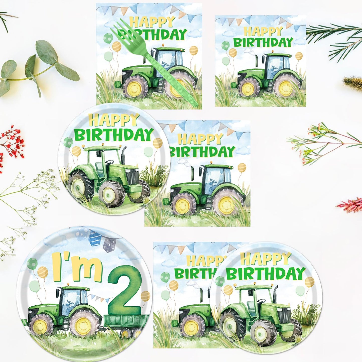 Rakuto Tractor 2nd Birthday Decorations Supplies, 96PCS Tractor Party Plates Napkins and Forks Set, Disposable Farm Two Years Ol