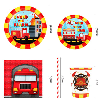 Firetruck Birthday Party Supplies Decorations, Fire Truck Theme Paper Plates And Napkins Set For 24 Guests, 120 Pcs Disposable F