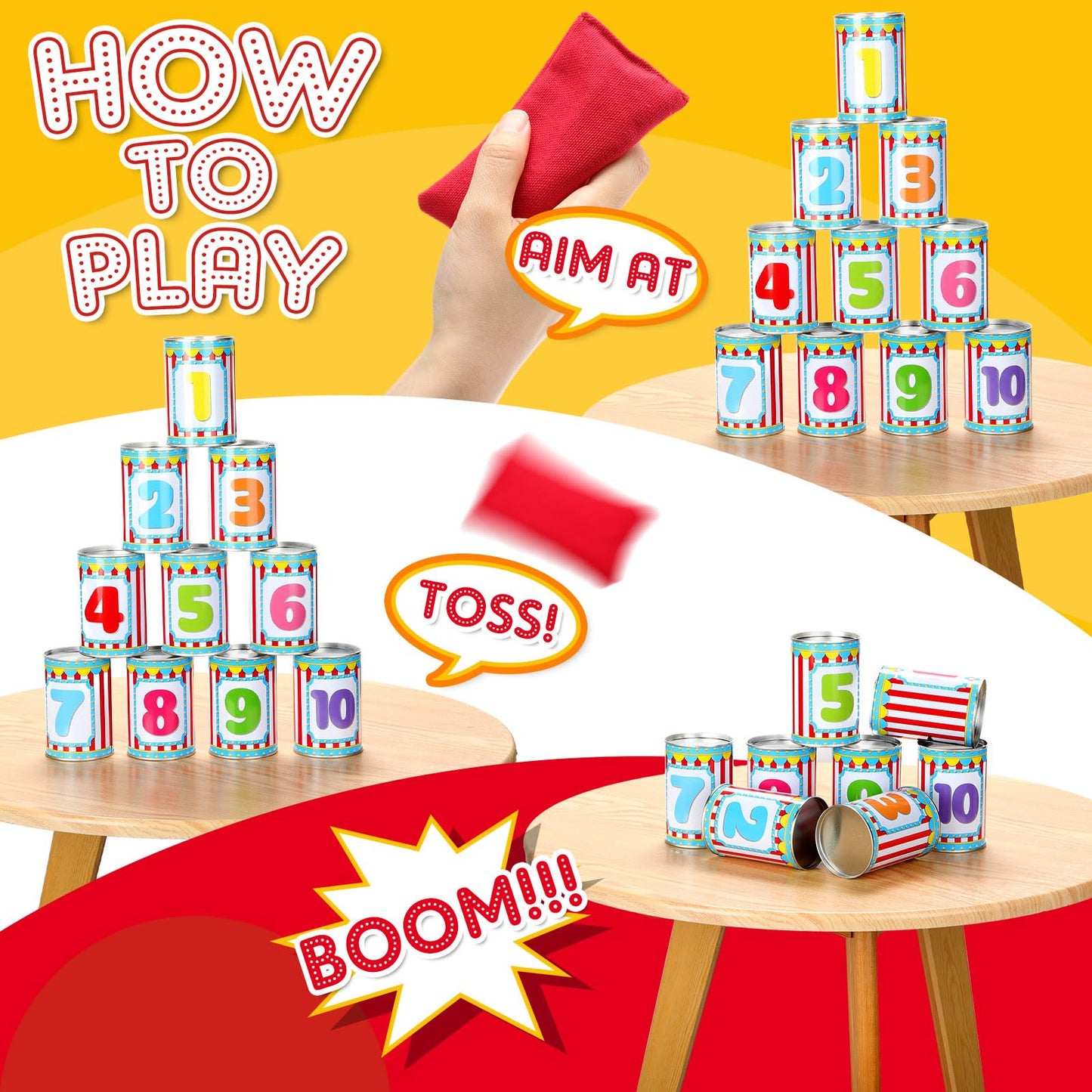 PullCrease 13 Pcs Carnival Can Game Bean Bag Toss Carnival Games with 10 Tin Cans and 3 Bean Bag for Easter Outdoor Family Party