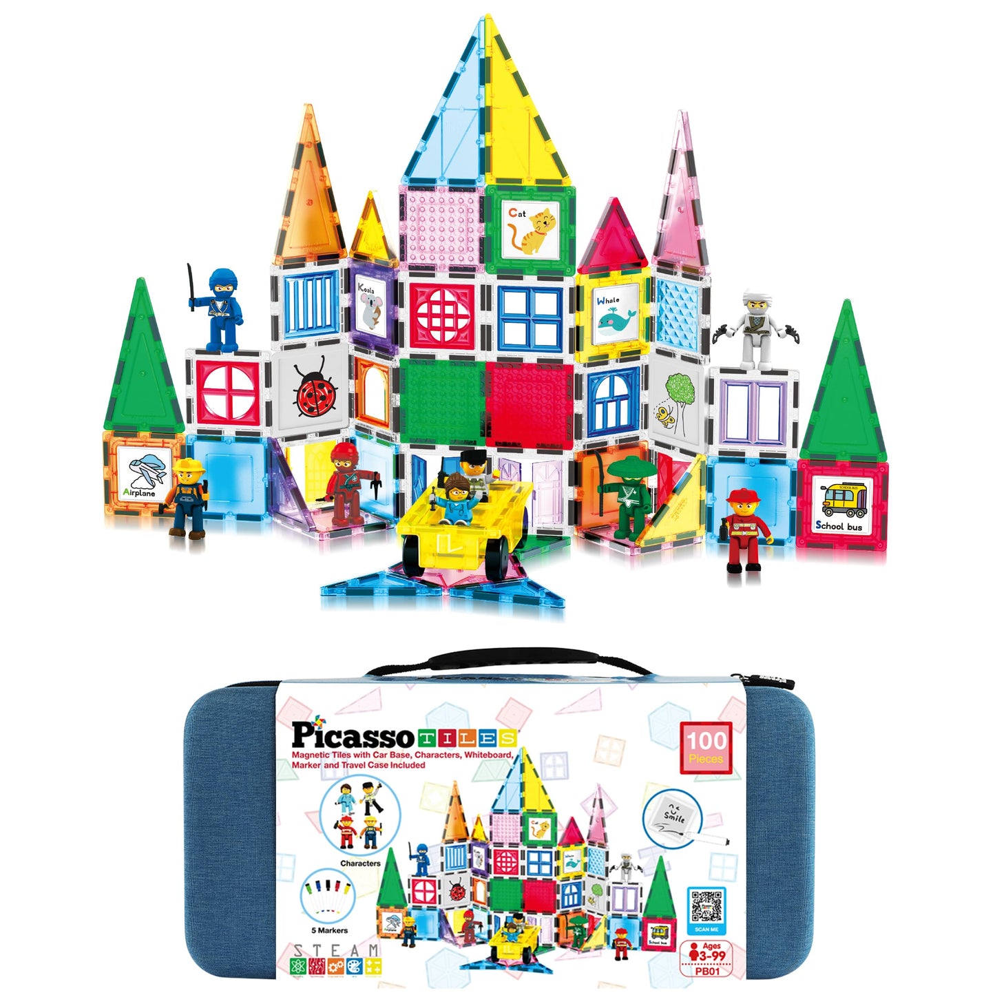 Picassotiles 100Pc Magnet Tile Construction Building Block Set With Carry Case Car Base Magnetic 8Pc Characters Whiteboard Marke