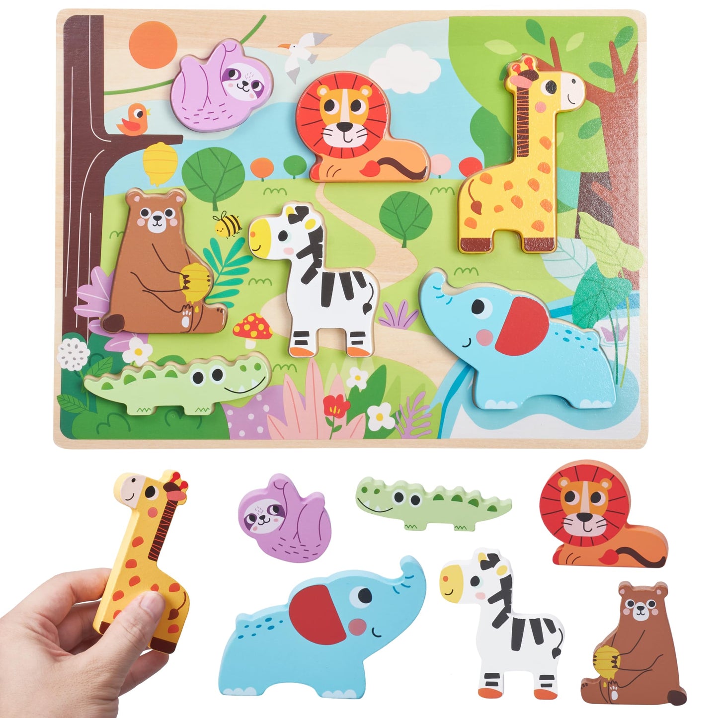 Prextex Baby Chunky Wooden Puzzles For Toddlers - Educational Zoo Animal Puzzle Set - Develops Hand-Eye Coordination And Fine Motor Skills - Ideal For Ages 18 Months And Up - 11.5 X 8.6 Inches