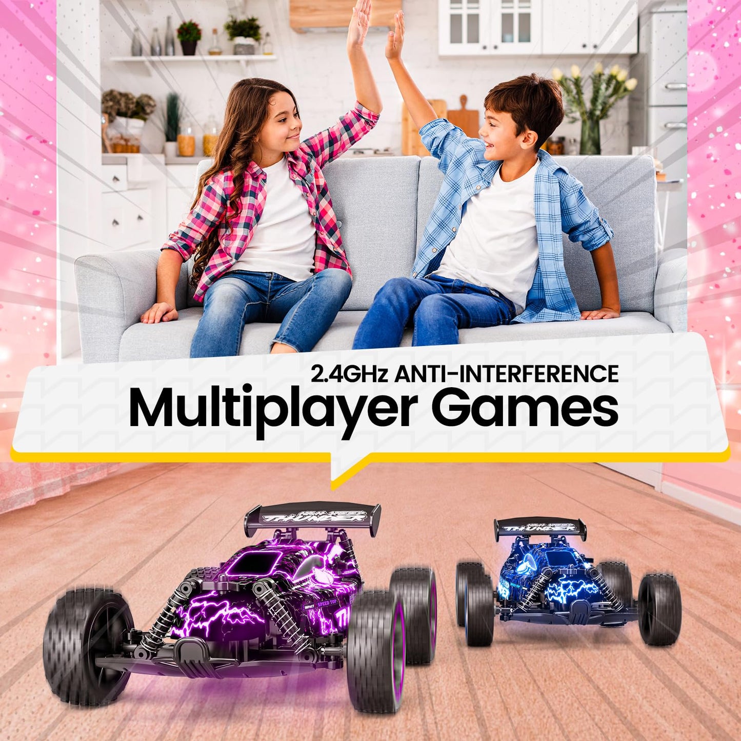 Tecnock RC Cars Remote Control Car for Boys and Girls, 1:18 Scale RC Car with LED Lights, 2.4GHz 2WD All-Terrain RC Truck, Recha