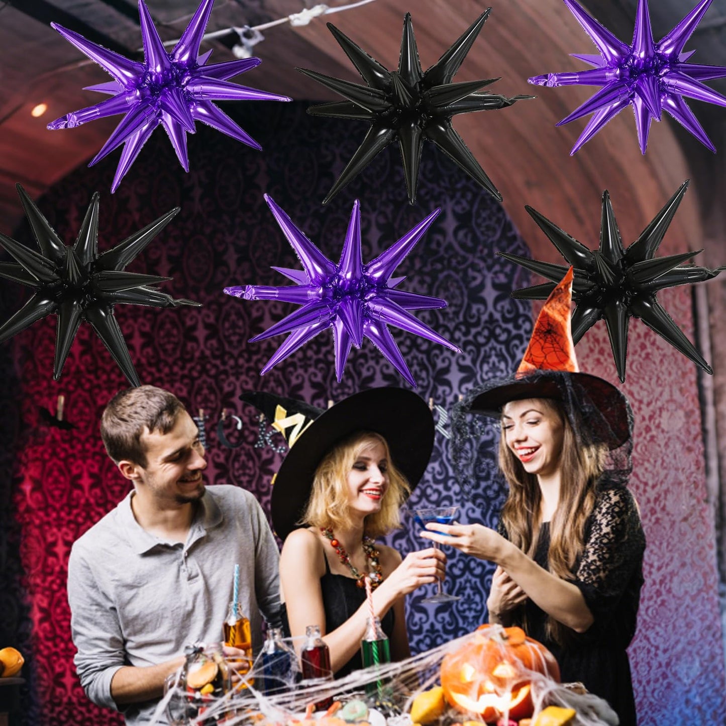 6PCS Star Balloons, 22Inch Large Black Purple Star Balloon Explosion Foil Balloons Cone Spike Balloon for Birthday Graduation We