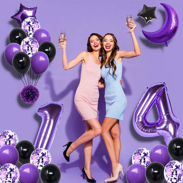 Naninuneno 14Th Birthday Decorations Set For Girl Women Boy Men,Purple Black 14 Happy Birthday Balloons Supplies With Purple Num