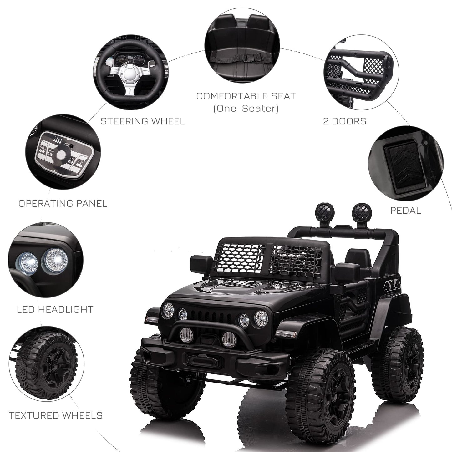 Aosom 12V Kids Ride On Truck With Parent Remote Control, Battery Powered Electric Car With Spring Suspension, Adjustable Speed, Led Lights And Horn, Black