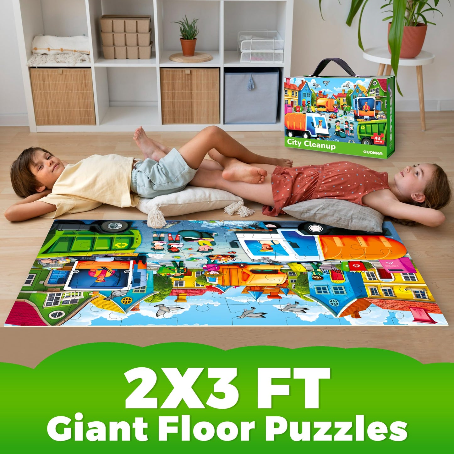 QUOKKA Giant Floor Puzzle for Kids Ages 4-6 - 2x3 Feet Extra-Thick 48 Pieces Toddler Puzzle Ages 3-5 - Garbage Trucks Educational Activity for Boys Girls - enhanced Box with Sturdy Handle & Magnetic