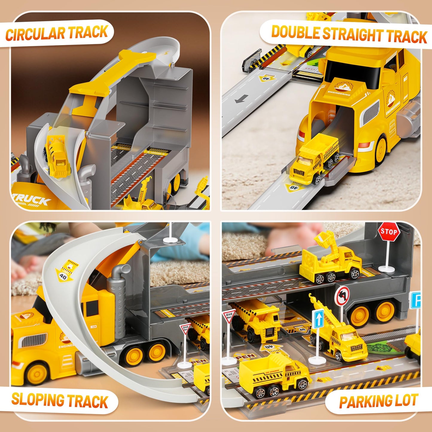 Carsky Truck Toy Cars for Toddlers Race Track Playset, 7in1 Construction Truck Toys in Transport Car Carrier, Cars Toys Gift for