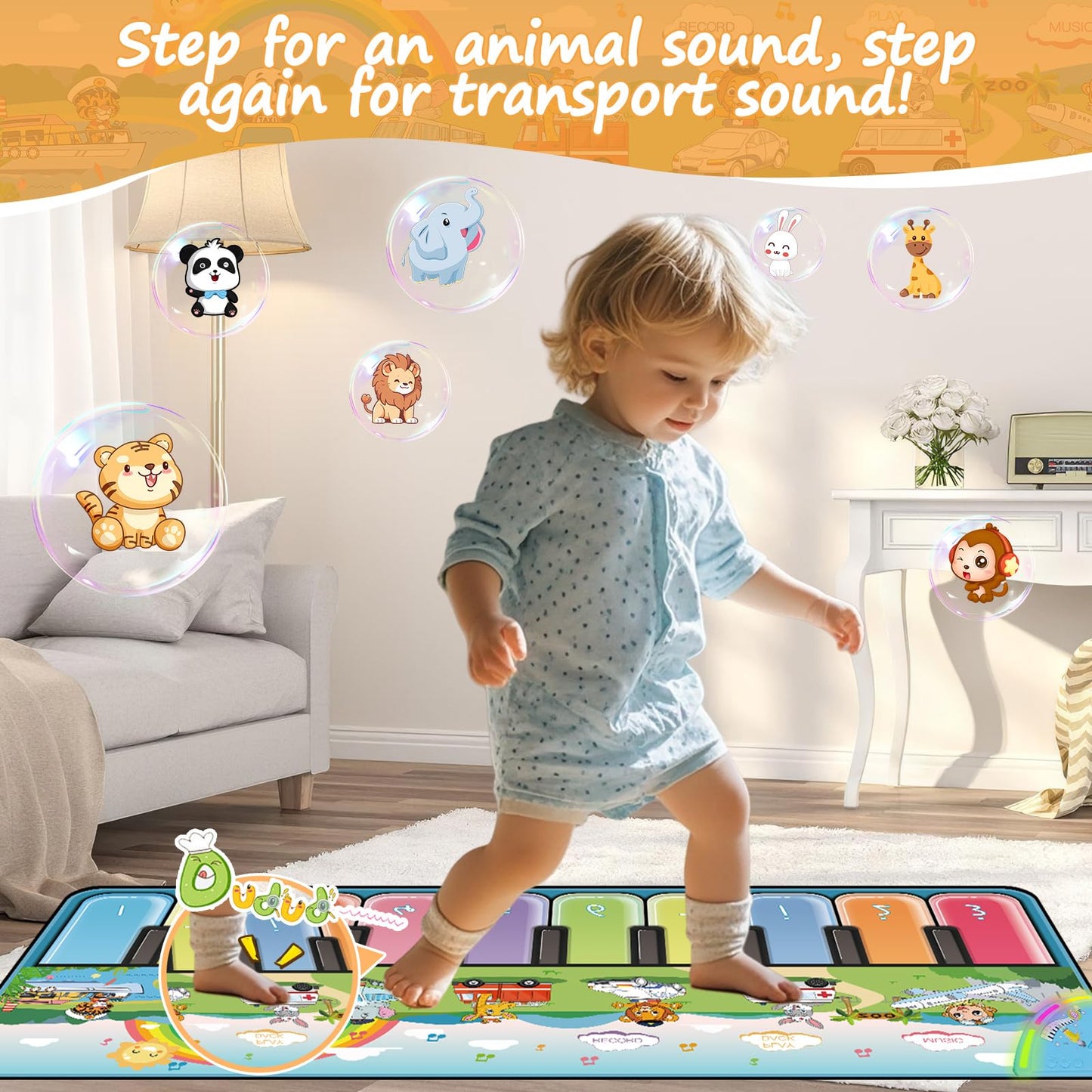 Fuceoruy Piano Mat Musical Toys For Toddlers 1-3, Sensory Learning Toy Floor Piano Playmat With 7 Animal Sound, 7 Transportation Sound & 10 Built-In Music, Birthday Gift For 1 2 3 Year Old Boys Girls