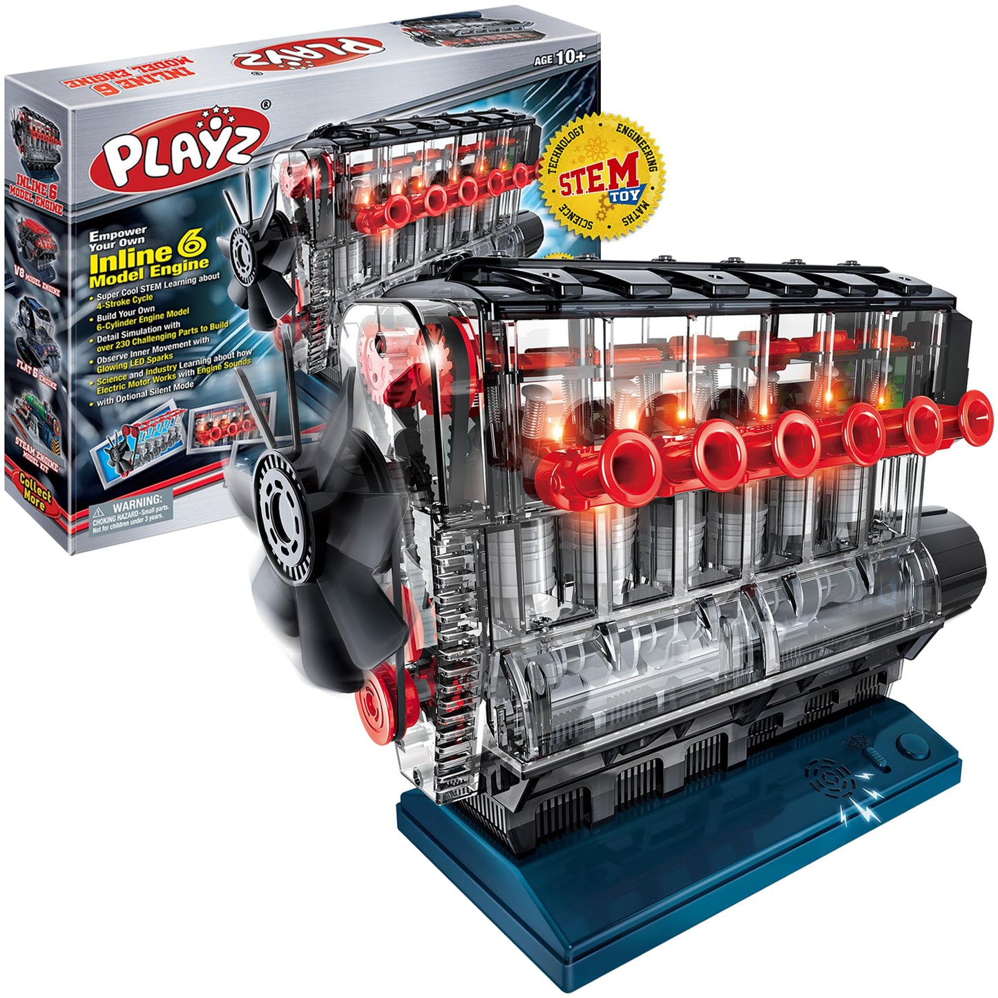 Playz Inline 6 Engine Model Kit - Build Your Own Stem Inline 6 Small Engine That Runs Kit For Adults & Kids Age 10-12+, Visible Inline 6 Mini Engine Kit That Works For Adult W/ 230 Stem Parts