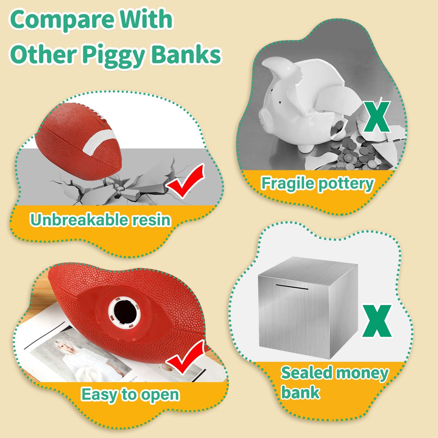 H&W Football Piggy Bank For Boys, Shatterproof Rugby Sports Themed Coin Bank, Large Size, Super Bowl Gift For Kids