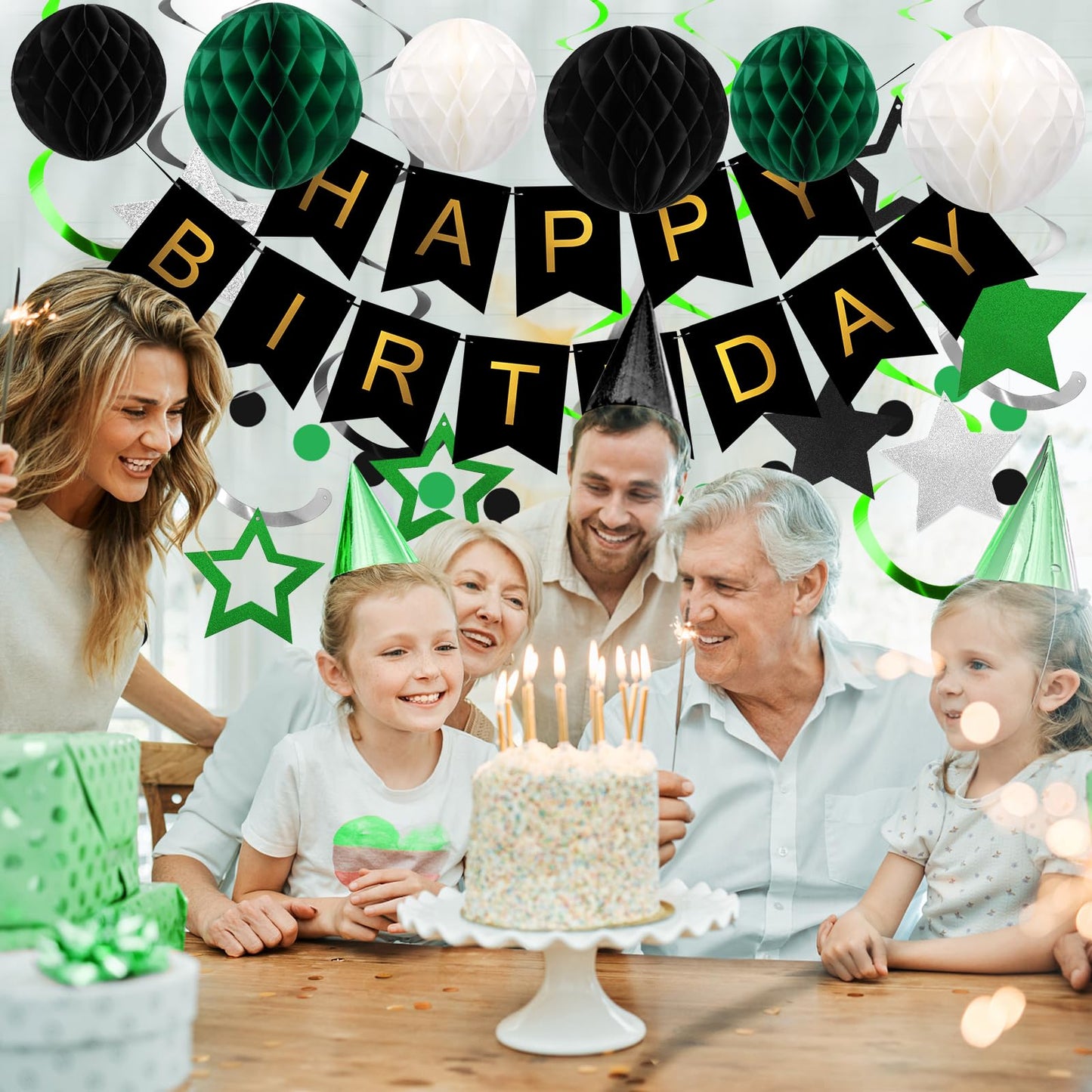 Meowtastic Birthday Decorations, Happy Birthday Banner With Honeycomb Balls, Star Hanging Swirl Streamer, Circle Dot Garland, Happy Birthday Party Decorations For Women Men Boys Girls (Green & Black)