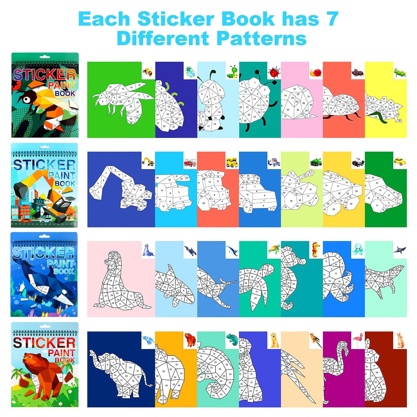 5 Pack Crafts For Kids Ages 4-8,6-8 Sticker Paint Number Books Kids Birthday Party Favors Road Plane Travel Activity Book (Dinosaurs+Ocean+Insect+Vehicle+Horse)