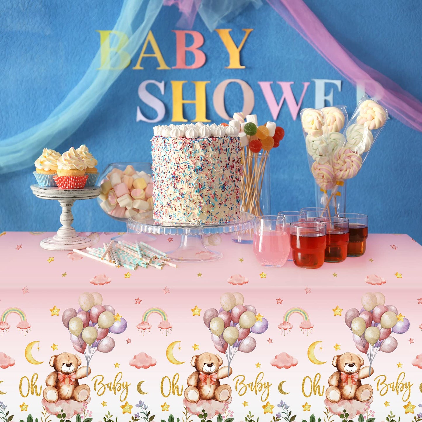 3 Pack Teddy Bear Baby Shower Tablecloth Plastic Table Cover Balloon Bear Rectangle Tablecloth For Boy Girl Gender Reveal Birthday Baby Shower Bear Theme Party Decor, 54 X 108 Inch (Pink)