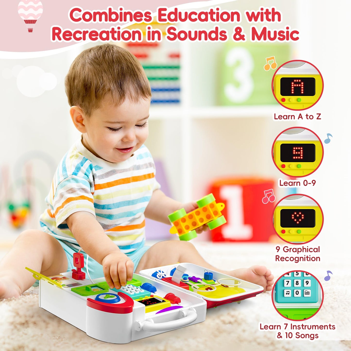 Montessori Toys For 1 Year Old Boy Girl, Musical Busy Board, Bilingual Learning Toy For Toddlers 1-3, 1St Birthday Gift, Educati