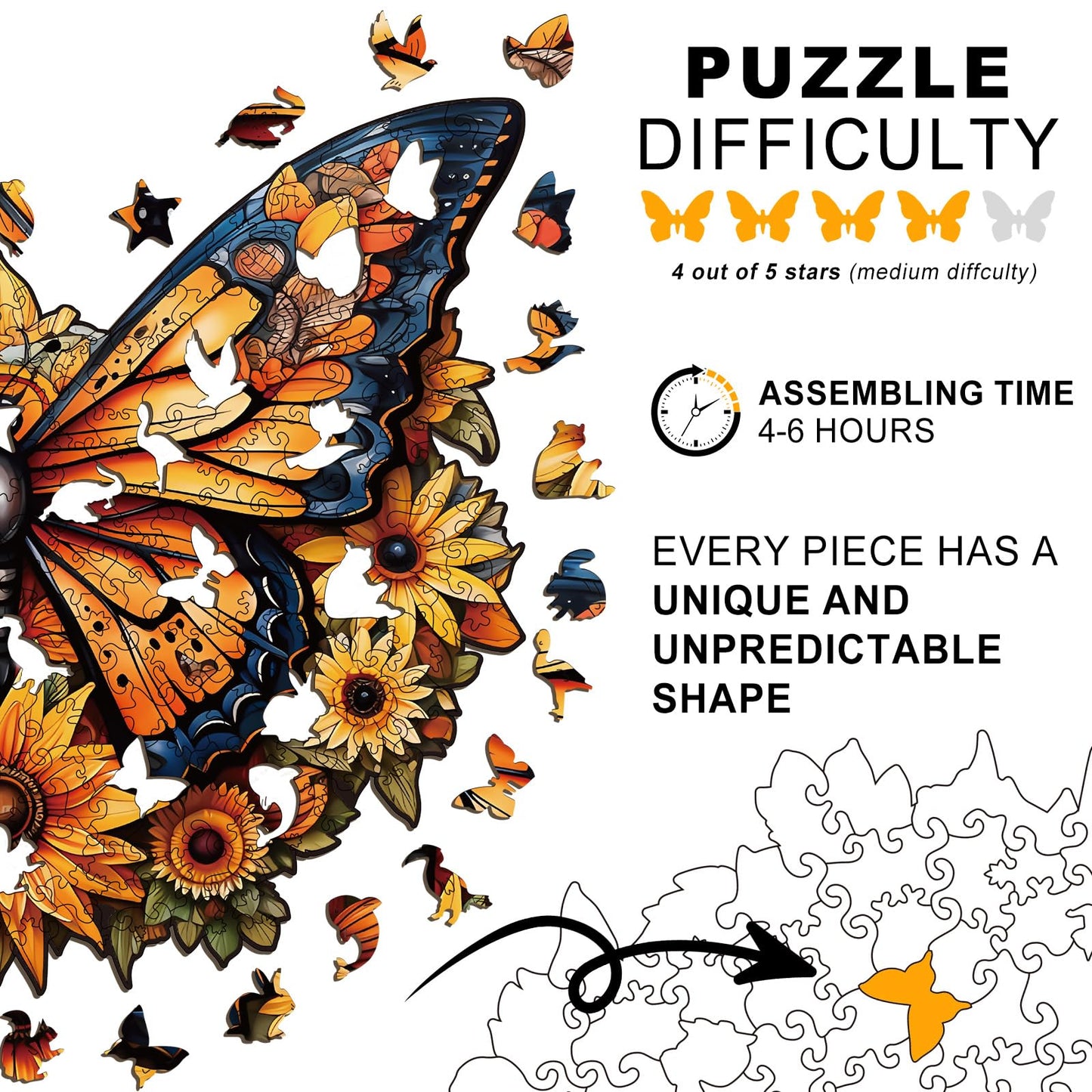 Wooden Puzzles for mature-themeds - 300 Pieces Butterfly Unique Shaped Wooden Jigsaw Puzzles for mature-themeds King Size 16.5'' x 13.5'' mature-themed Wood Puzzles for Family Friend Game