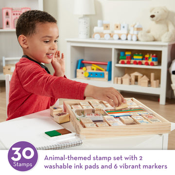 Melissa & Doug Deluxe Wooden Stamp Set: Animals - 30 Stamps, 6 Markers, 2 Stamp Pads Kids Art Projects, Wooden Stamps With Washable Ink, For Kids Ages 4+