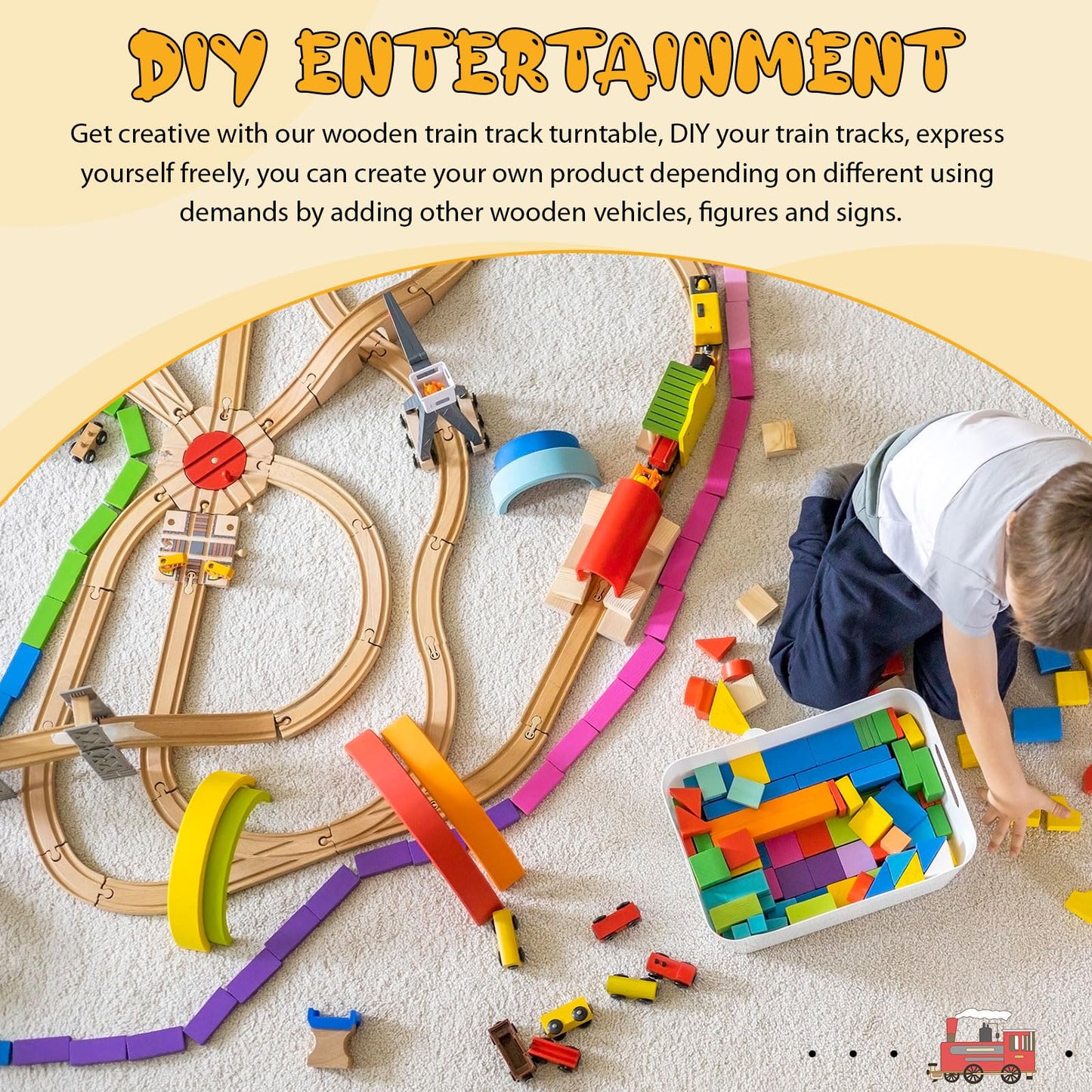 Syhood 2 Pieces Wooden Train Track Expansion Packs Wooden Train Accessories 8 Way Wood Track Turntables Compatible with Most Tra