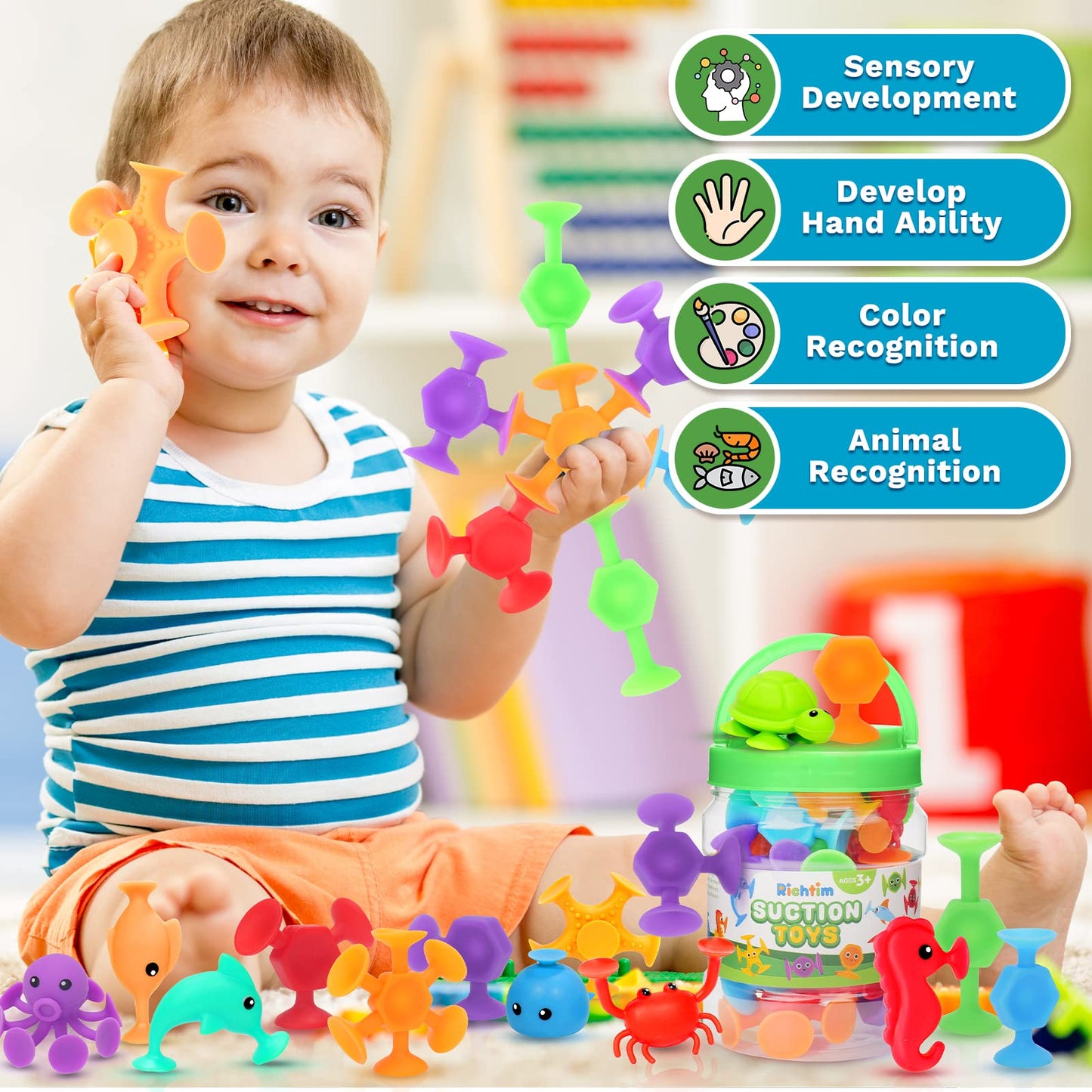 Suction Bath Toys For Kids - 24 Silicone Ocean Animals Suction Toys With Storage, Sensory Window Toys For Toddlers, Suitable For Indoor, Outdoor, And Travel Toys, Autism Toy, And Party Favors