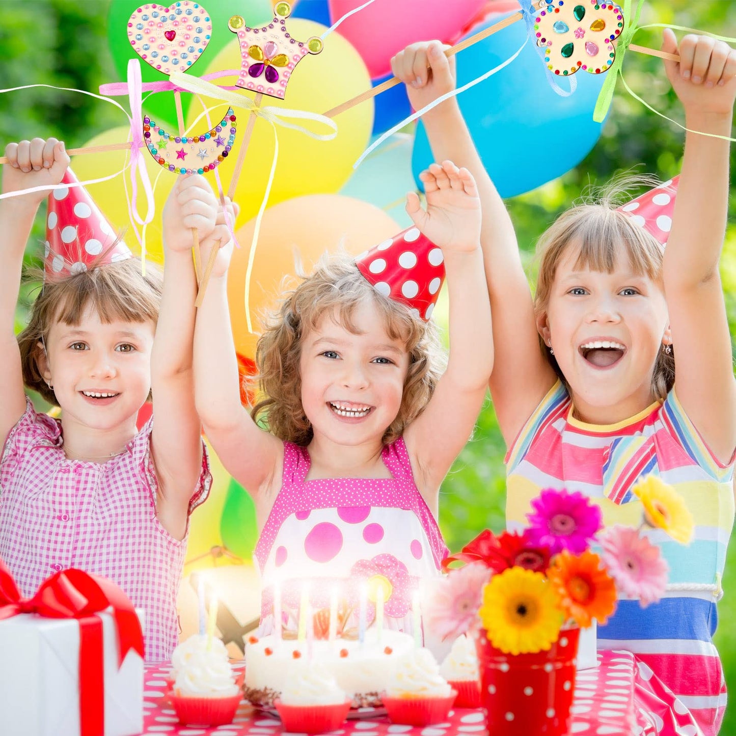 Chinco Princess Fairy Wands Kit Include Wooden Fairy Wands, Gem Stickers, Ribbons Unfinished Wooden DIY Magical Crafts Moon Butt