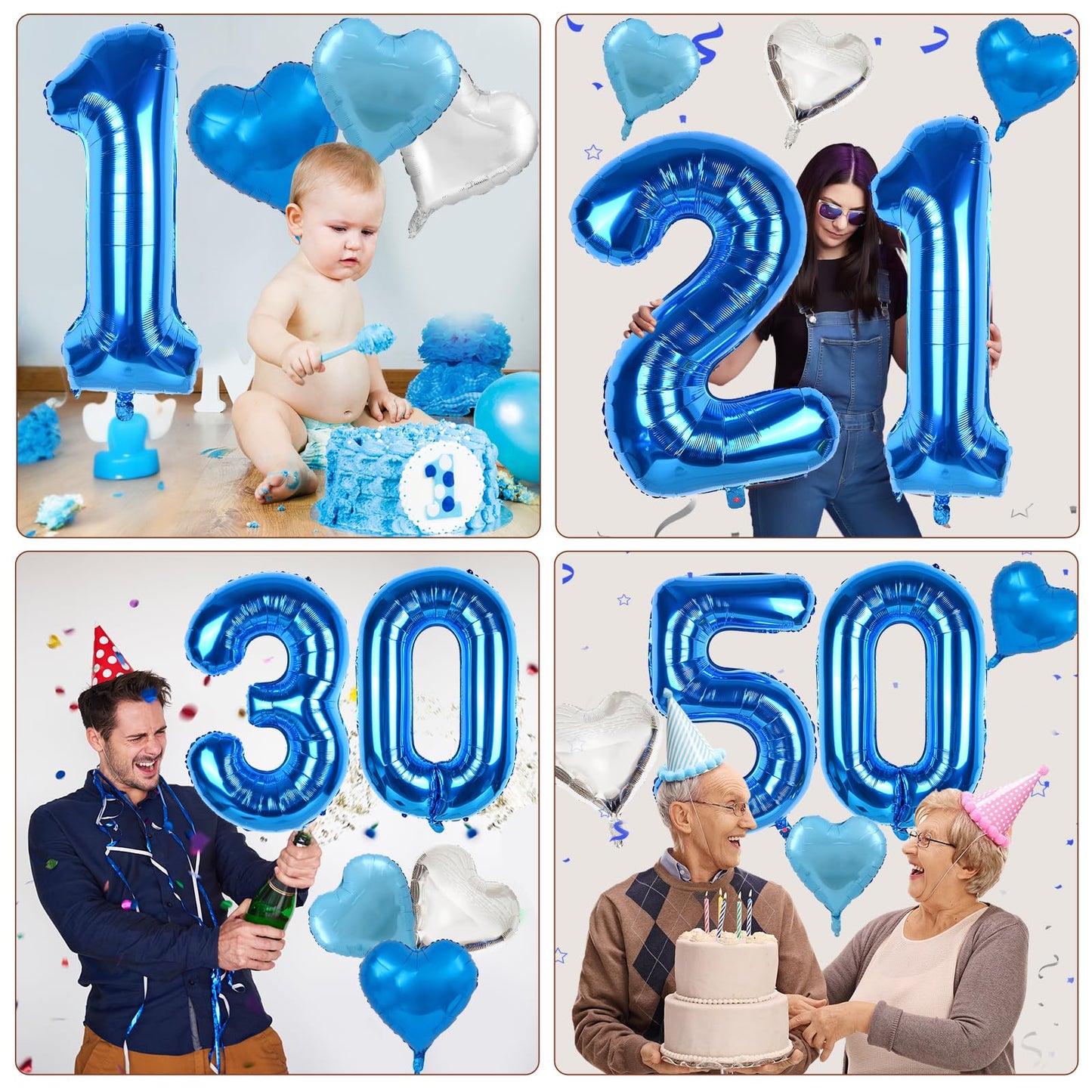 Biapian 40 Inch Blue Number 16 Balloons, 8Pcs Large Foil Number 1 & 6 Balloons With 18'' Blue Silver Heart Shape Balloon For 16T