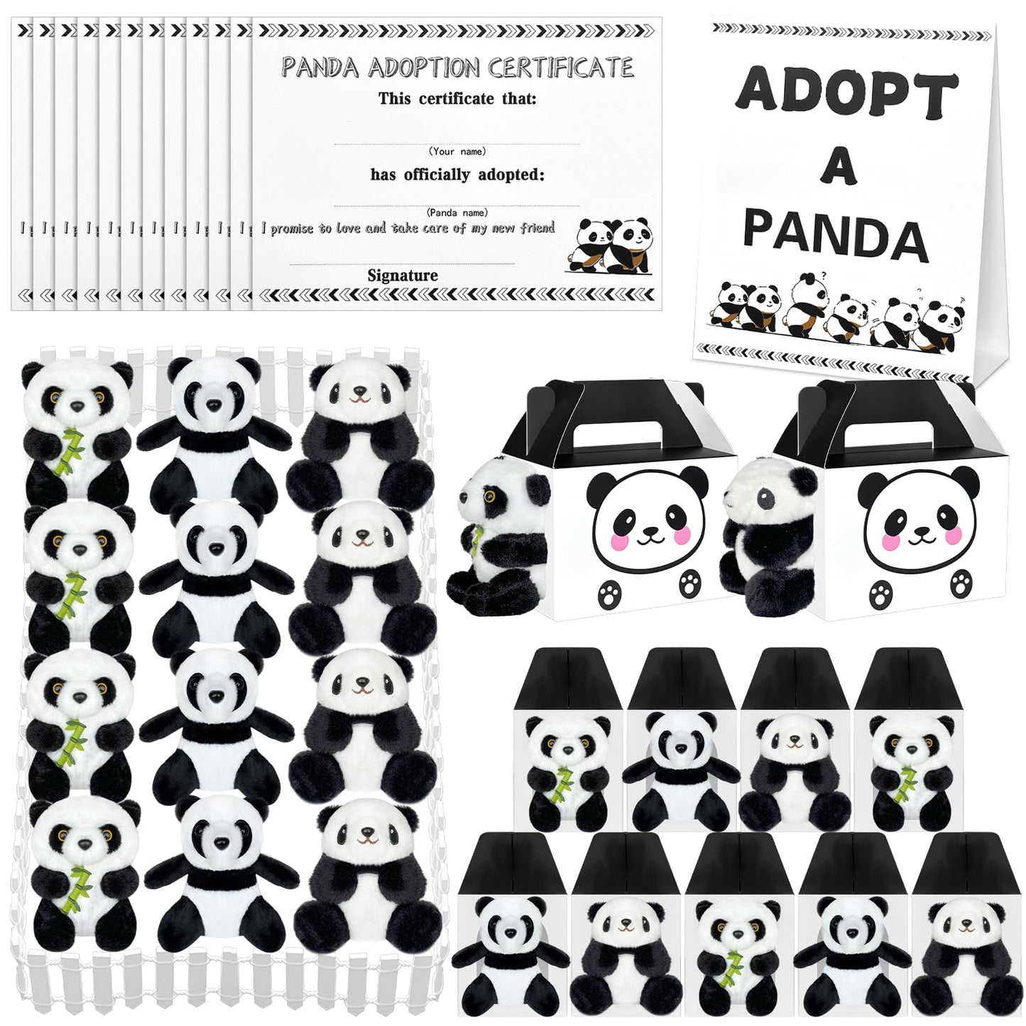 38 Pcs Adopt A Panda Party Favors Include 12 Mini Panda Stuffed Animals 12 Foldable Boxes 12 Adoption Cards 1 Adopt Sign 1 Fence