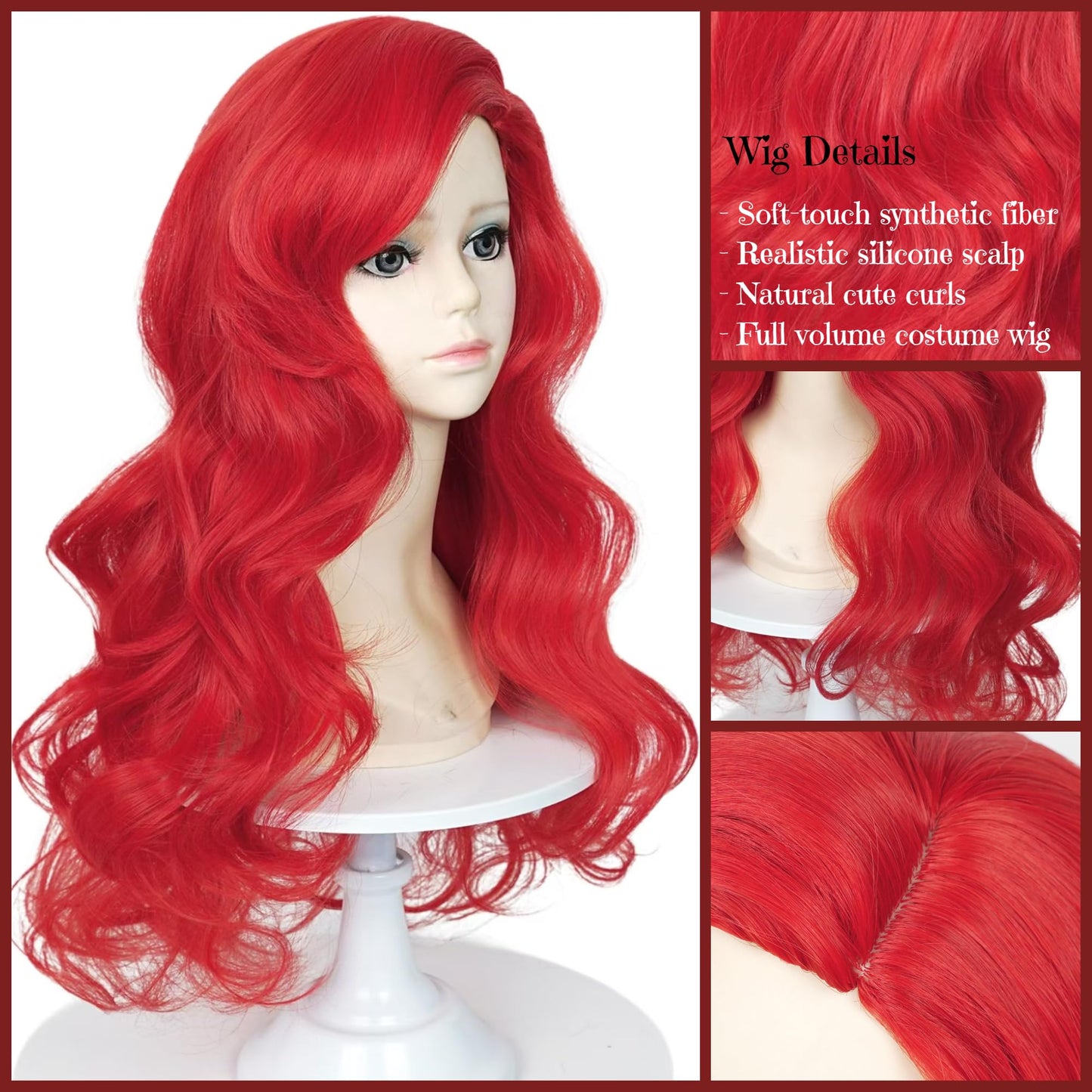 Mermaid Wigs For Kids Girls 21-Inch Long Red Curly Kid'S Mermaid Wig Wave Wigs With Starfish Hairclip & Hair Net For Halloween C