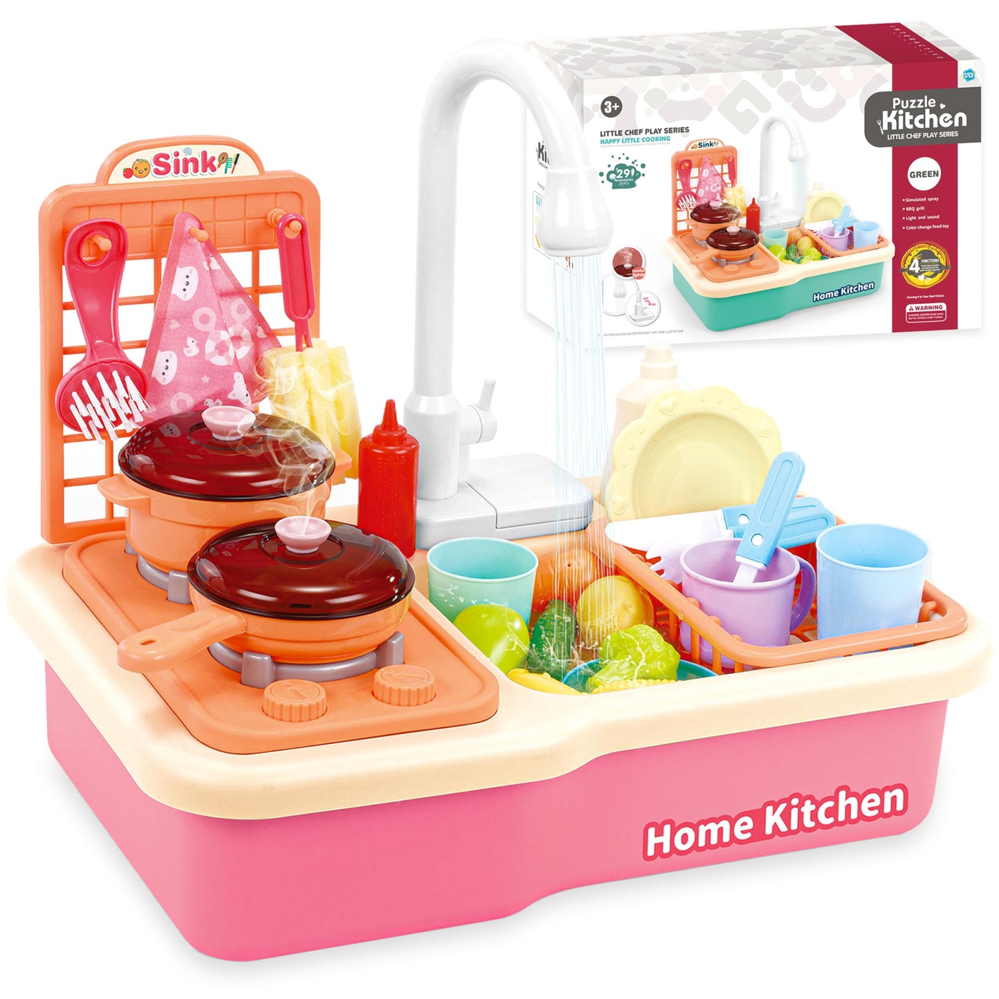 Play Kitchen With Running Water For Toddlers, Toy Kitchen Playset With Electric Faucet For Boys And Girls, Kids Pretend Play Sin