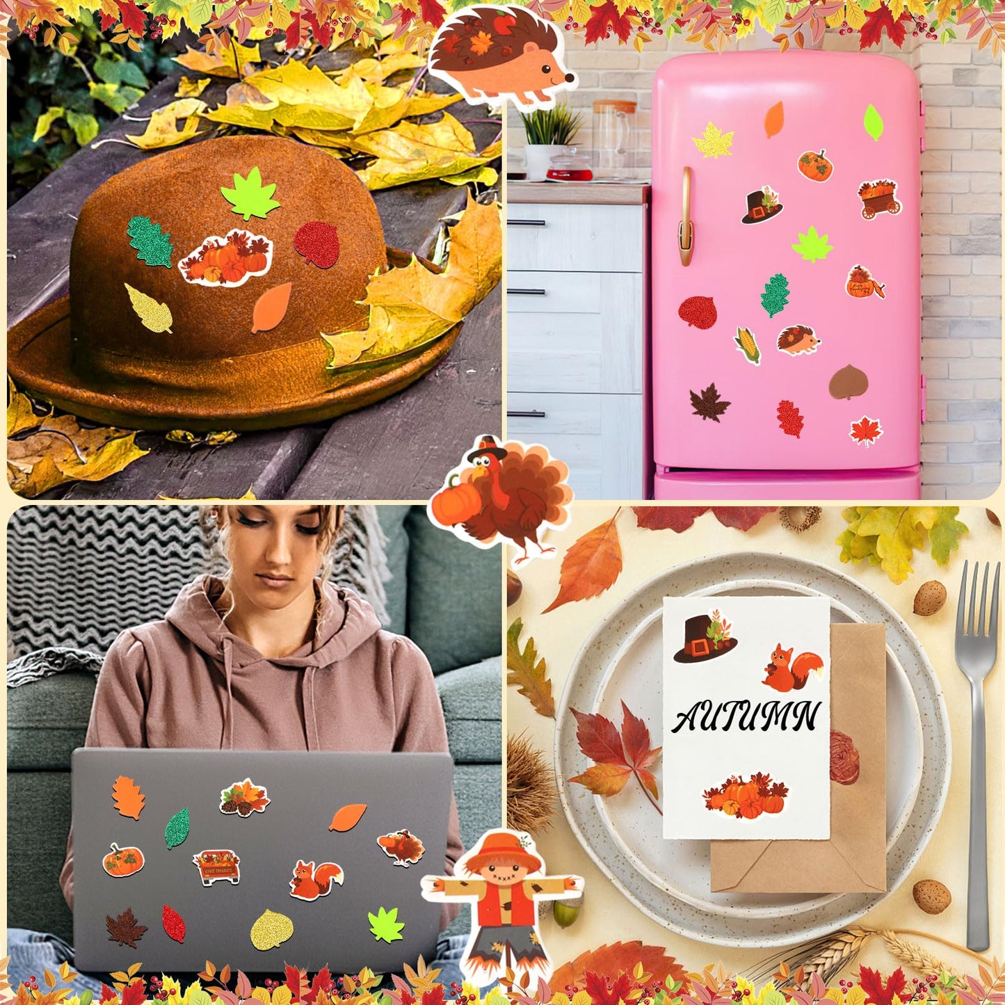 Thanksgiving Fall Leaf Foam Sticker, Julbear 900Pcs Autumn Glitter Maple Leaves Colorful Pattern Self-Adhesive Foam Stickers For