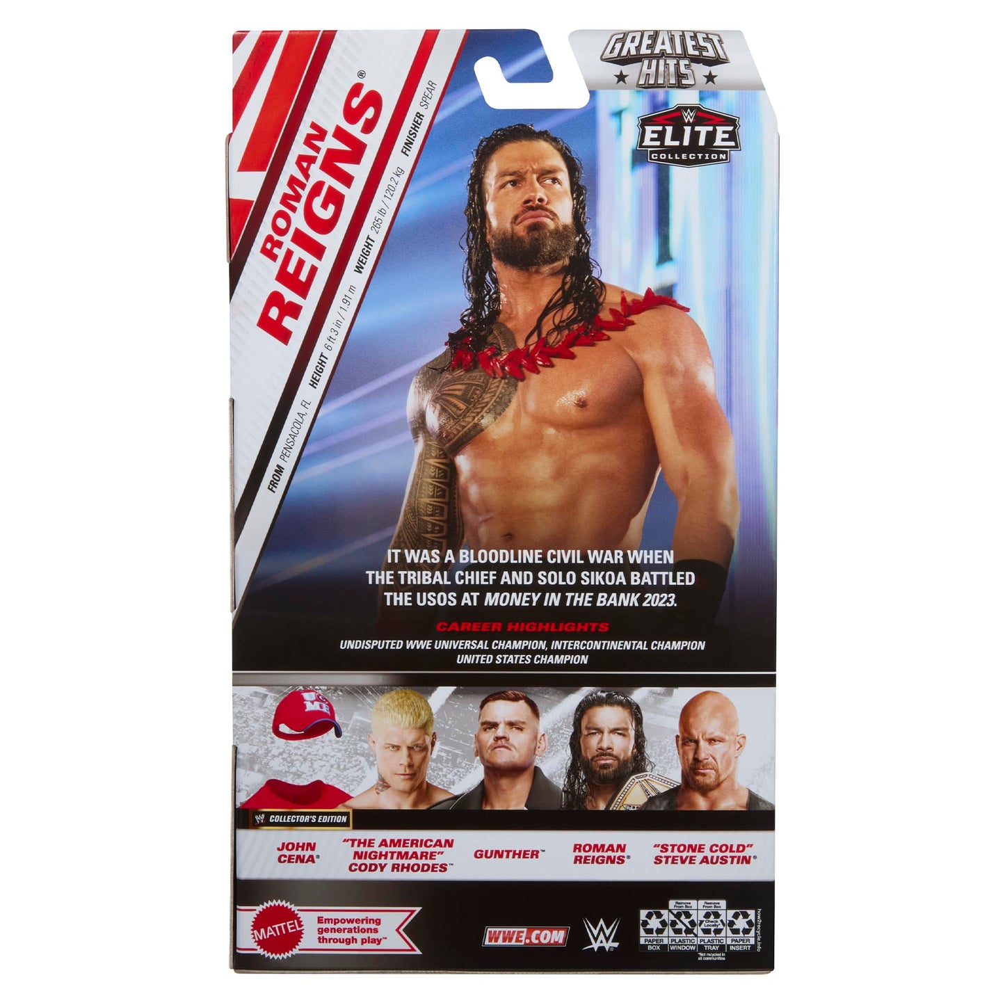 WWE Roman Reigns Elite Wrestling Action Figure, Multi-color, 7" x 11" x 6", Model JFR54, Plastic