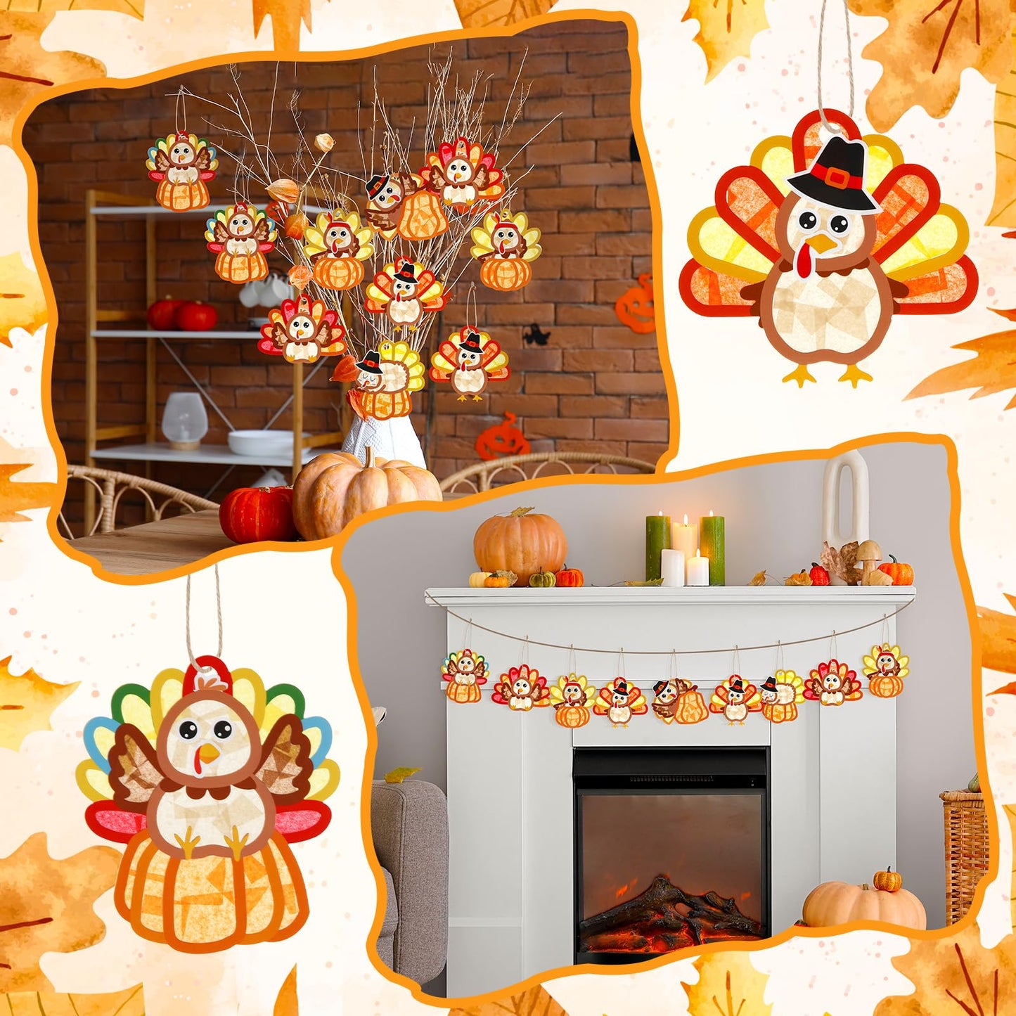 Motipuns 24 Sets Thanksgiving Turkey Ornaments Crafts Turkey Paper Suncatchers Thanksgiving Fall DIY Kit Pumpkin Crafts Decorati