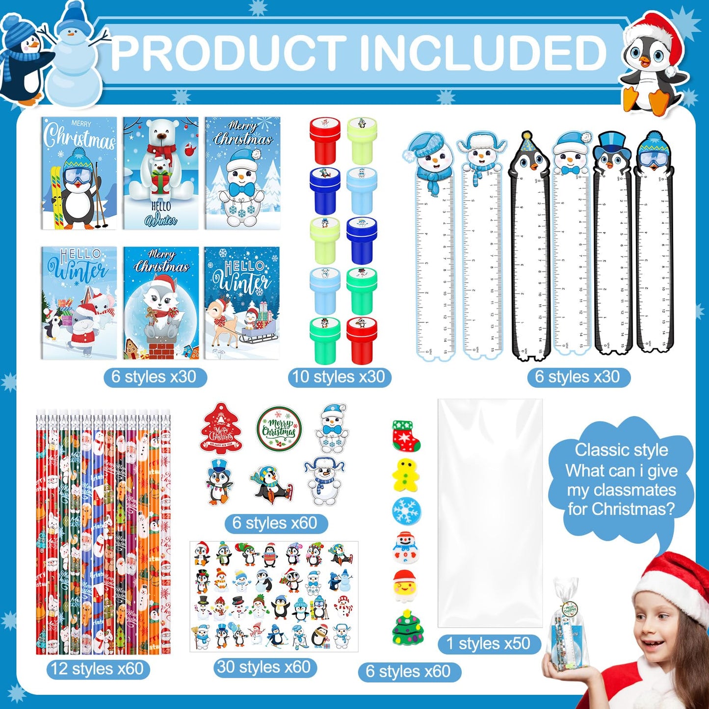 Zhanmai 350 Pcs Winter Christmas Party Favors Winter Holiday Stationery Set for Stocking Stuffers 30 Pack with Notebook Pencils