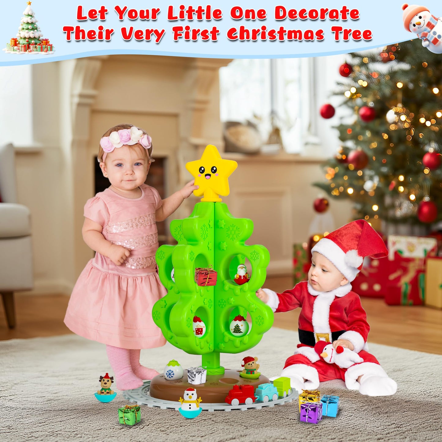 Surelect My First Christmas Tree For Toddlers, Montessori Christmas Decoration Toy With Ornaments, Mini Train Set, Roly Poly Toy