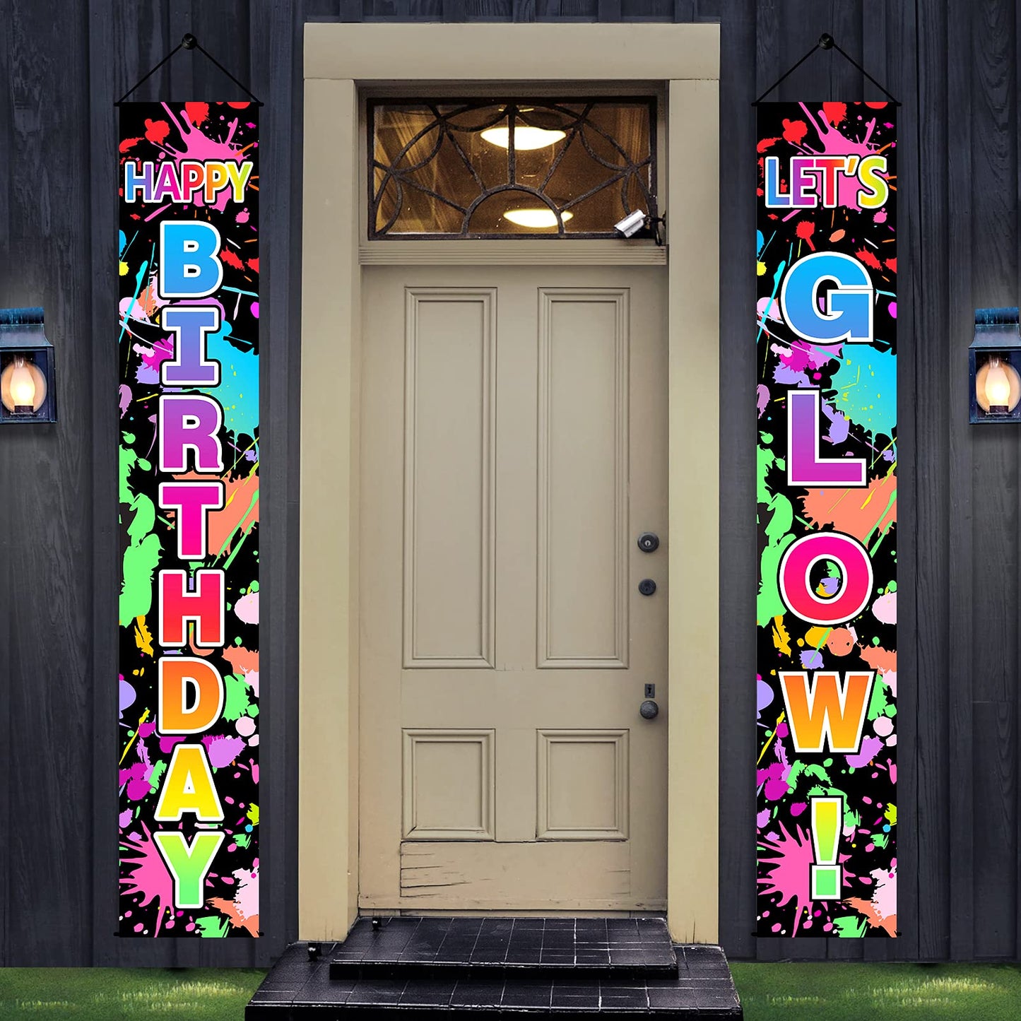 Glow Neon Birthday Party Decorations Supplies, Lets Glow & Happy Birthday Door Banner Sign Supplies, Glowing Themed Birthday Por