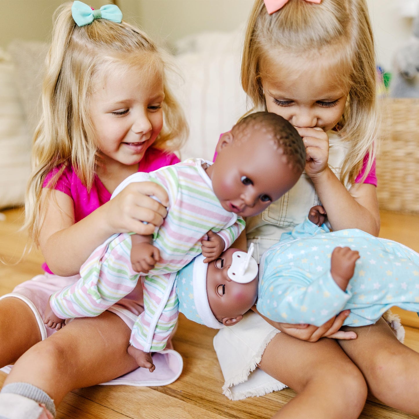 Melissa & Doug Mine To Love Twins Tyler & Taylor 15 Dark Skin-Tone Boy And Girl Baby Dolls With Rompers, Caps, Pacifiers