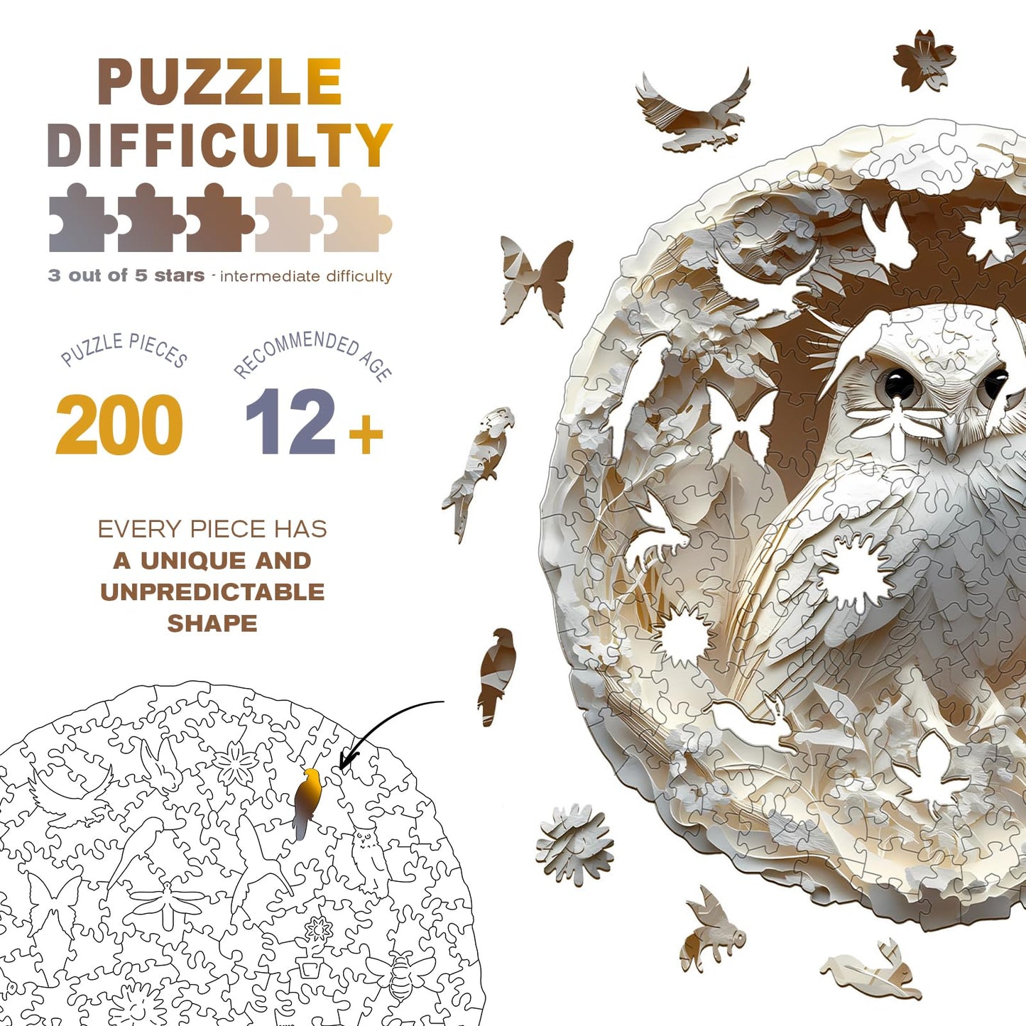 Wooden Puzzles for mature-themeds - Paper Carved Owl Wooden Jigsaw Puzzle - Unique Shape 3D Vision Wood Puzzles mature-themed - Christmas Birthday Gifts for mature-themeds/Friends/Family - 200pcs 11.4 * 11.2in