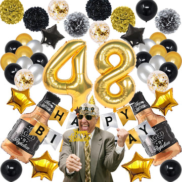 Naninuneno 48Th Gold Birthday Decorations, Gold Black Silver Happy Birthday Balloons Supplies For Boy Men Girl Women, 48 Birthda