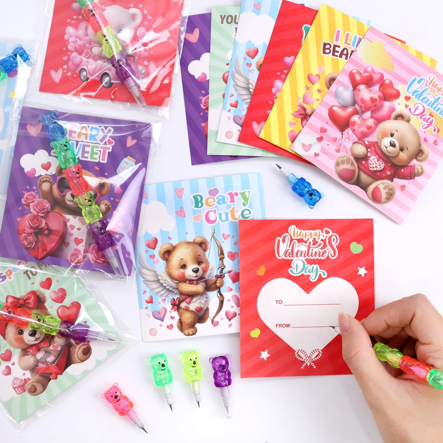 ceiba tree Valentines Day Stationery Gift Set for Kids Valentines Day Pencils with Cards Assorted Plastic Stacking Bear Pencils