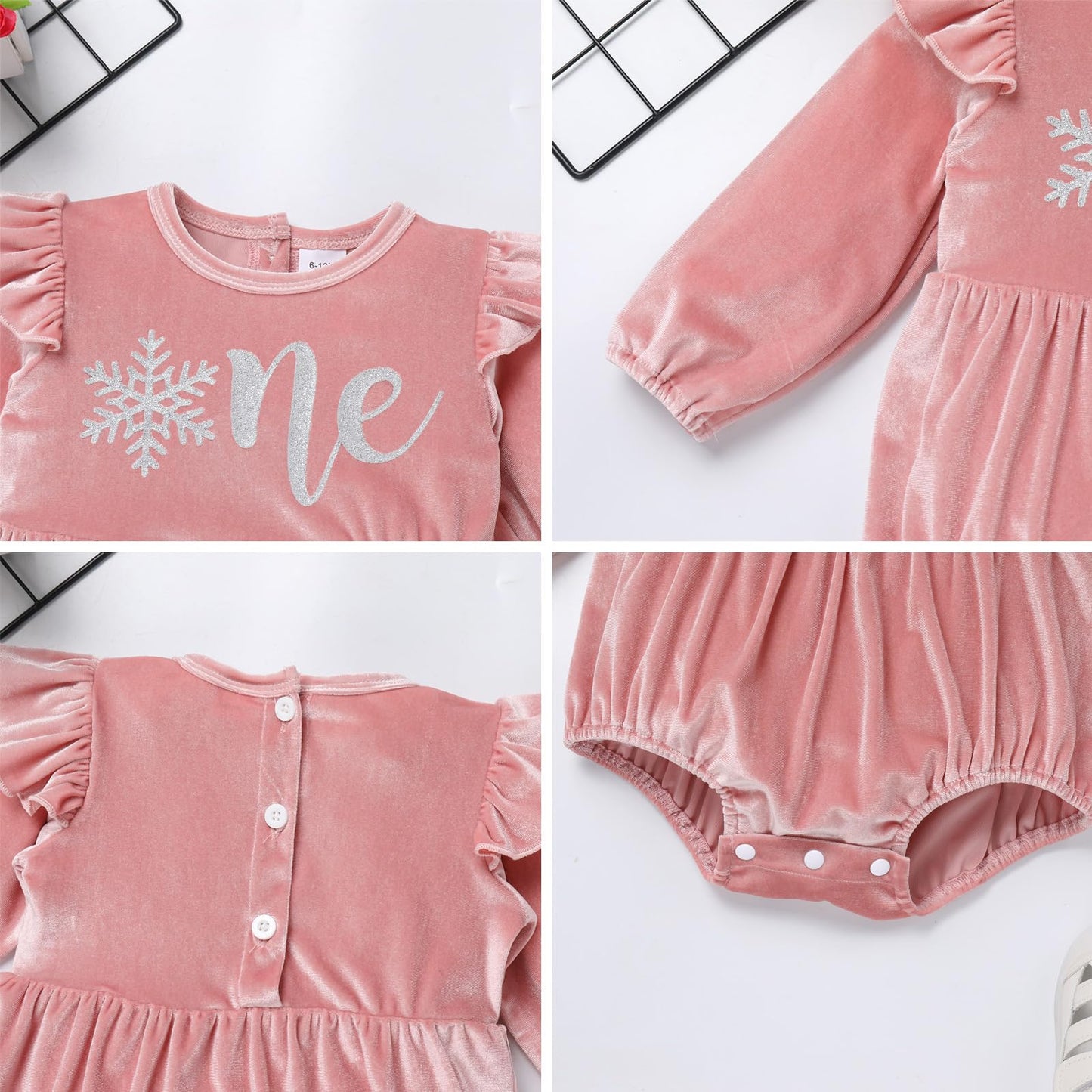 Winter Onederland Birthday Outfit: Snowflake First 1St Birthday Outfit Girl Baby Cake Smash Photoshoot Toddler Velvet Bubble Romper Socks Christmas Themed Party Supplies Pink Silver One 6-12 Months