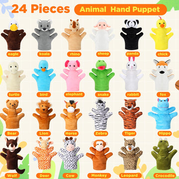 Shappy 24 Pieces Kids Hand Puppet Plush Zoo Animal Hand Puppets Toddler Animal Puppet Soft Plush Toys Plush Puppets Pretend Toys