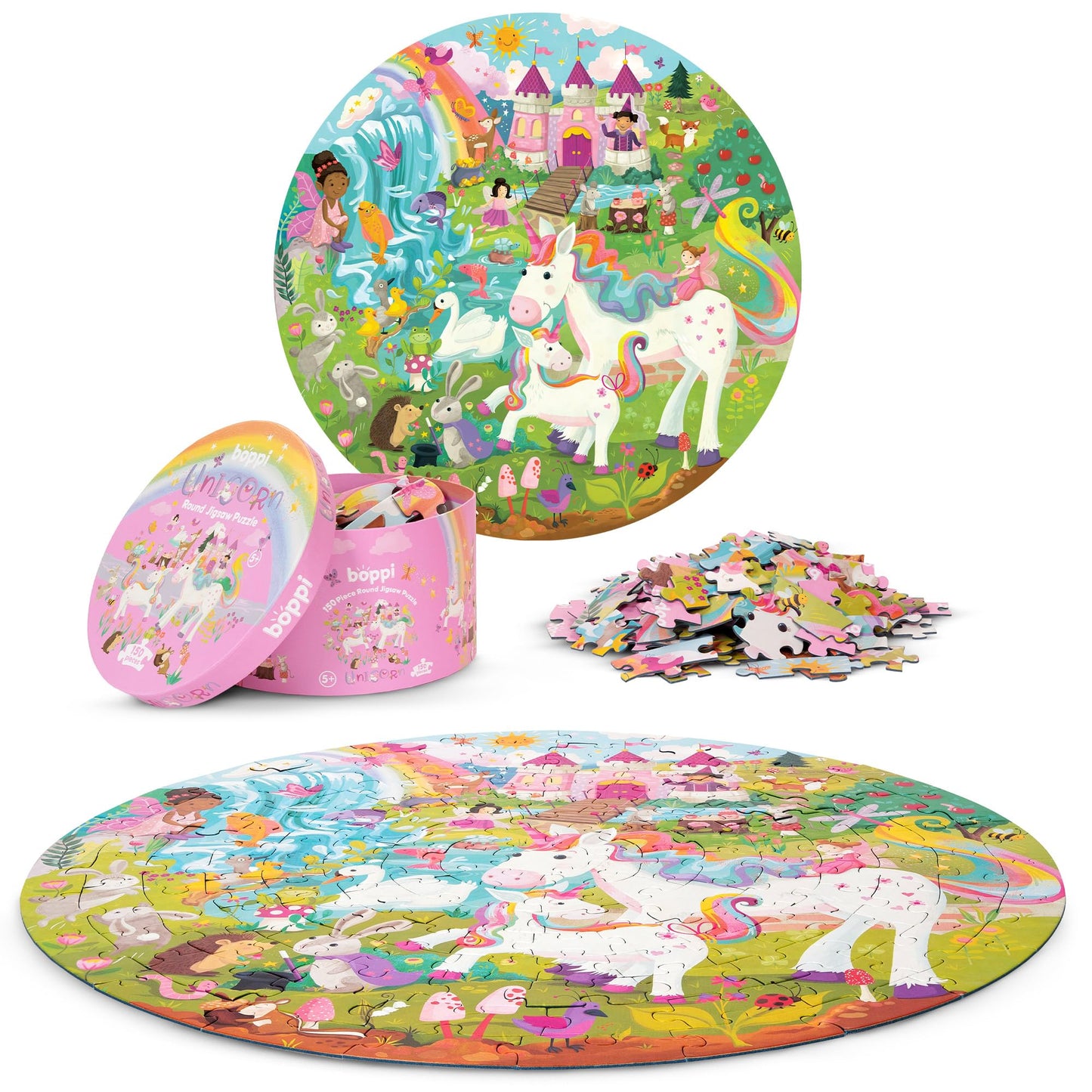 Unicorn Jigsaw Puzzle For Kids Ages 5-8 - 150 Piece Round Unicorn Kids Puzzles - Princess Puzzle With Fairies And Animals Made With 100% Recycled Card By Boppi