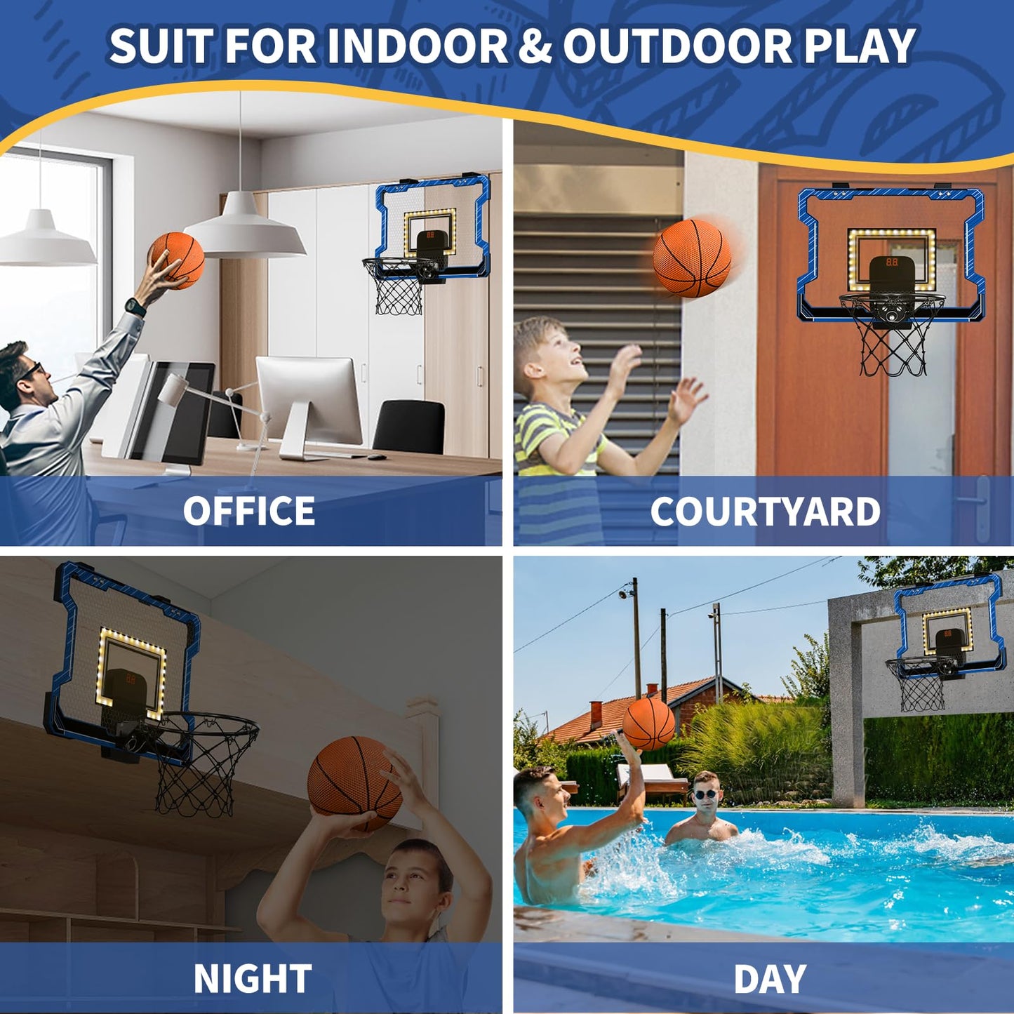 Hyes Mini Basketball Hoop Indoor With Scoreboard/Led Light, Glow In The Dark Door Basketball Hoop, Basketball Toy Gifts For Kids