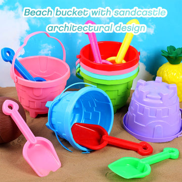 Didaey 65 Set 130 Pcs Beach Sand Buckets and Shovels, Include 65 Sand Pail Bucket 6 Colors with Castle Design Inside and 65 Shov