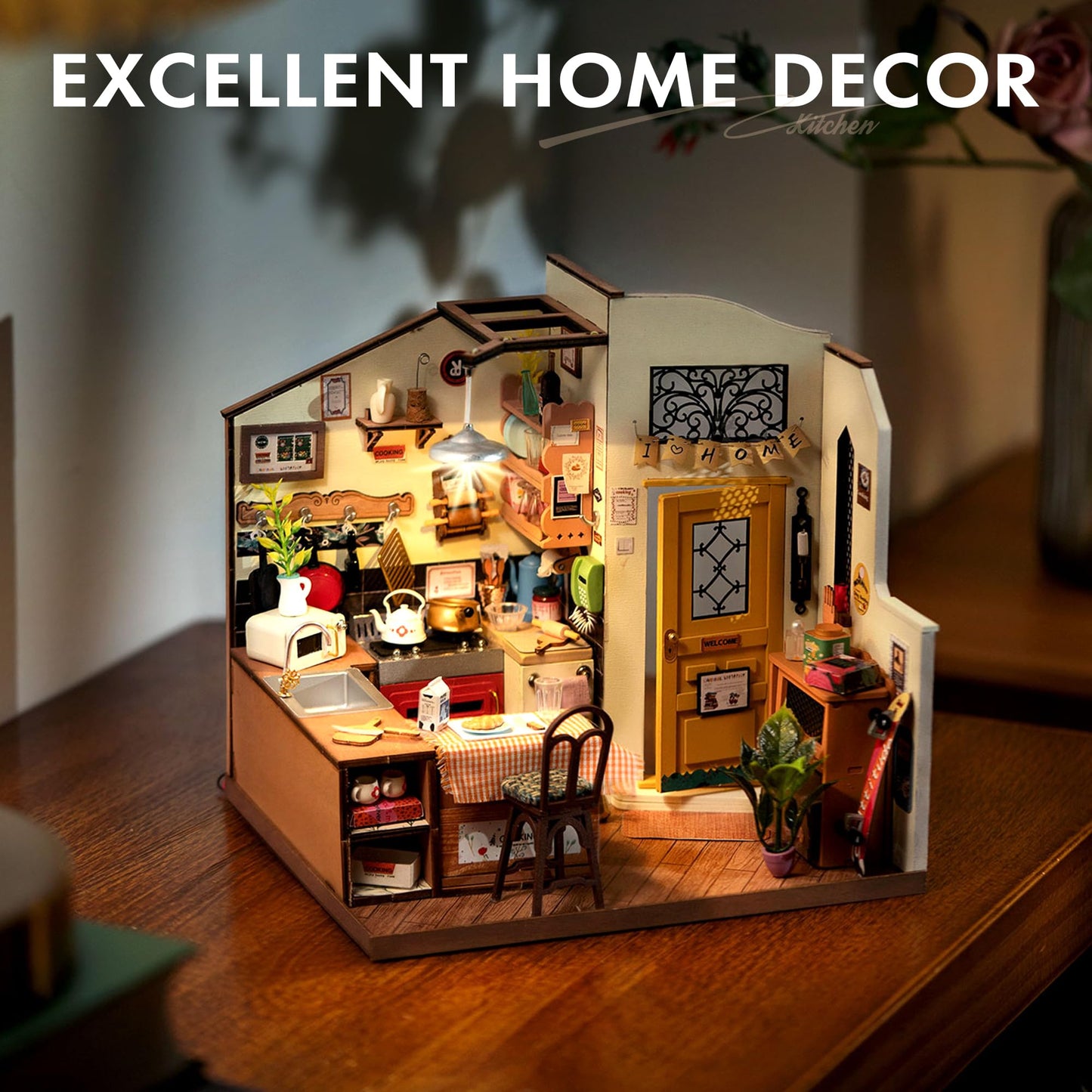 Robotime Miniature House Kit Diy Mini Dollhouse With Furniture Tiny Room Kit With Led Light Hobby Wooden Craft Diorama Gift For Kids & Adults (Cozy Kitchen)