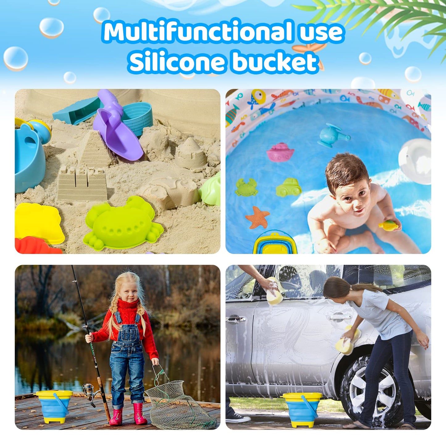 Beach Toy Sand Toy Set for Kids Silicone Foldable Sand Bucket with Summer Mesh Bag, Shovel, Rake, Watering Can, Animal and Castl