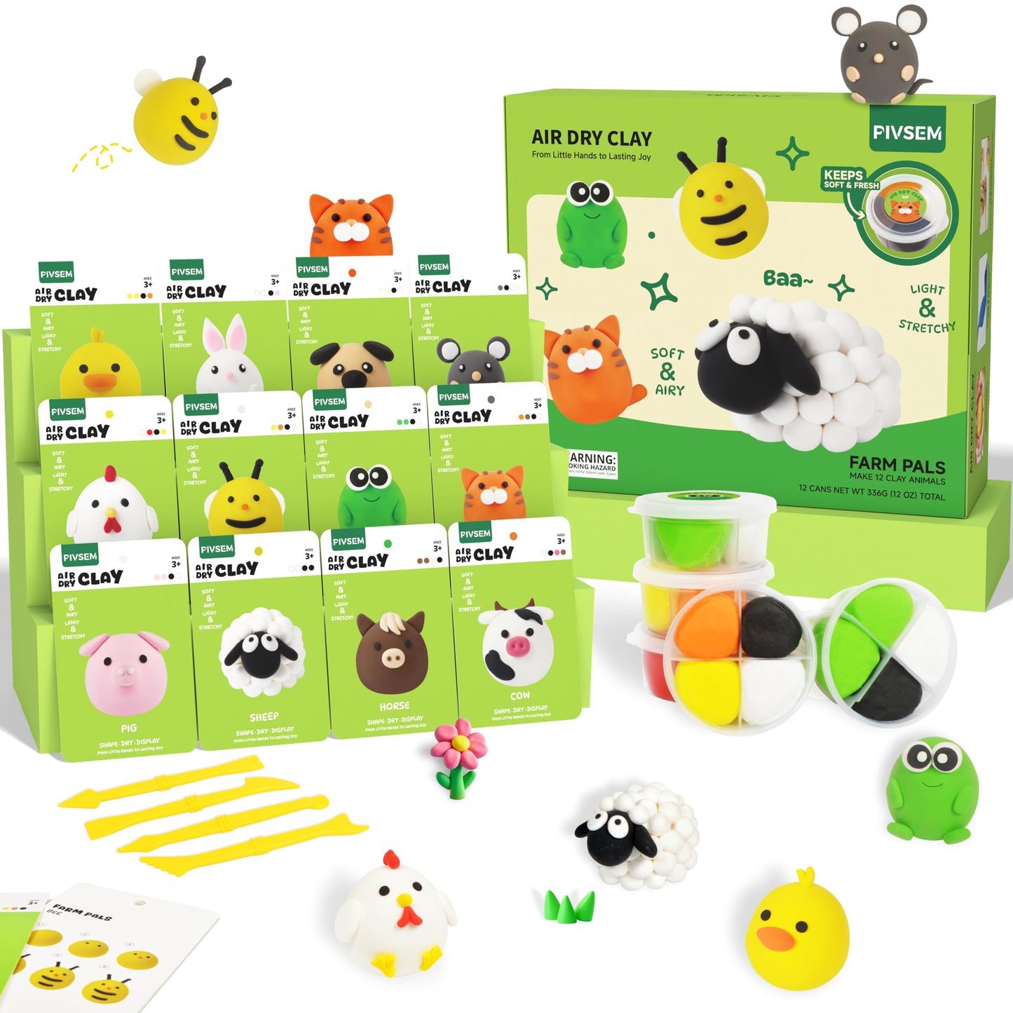 Air Dry Clay for Kids, Air Dry Clay Kit 12 Cans with Sculpting Tools and Tutorials, Soft, Safe and Non-Toxic Modeling Clay for K